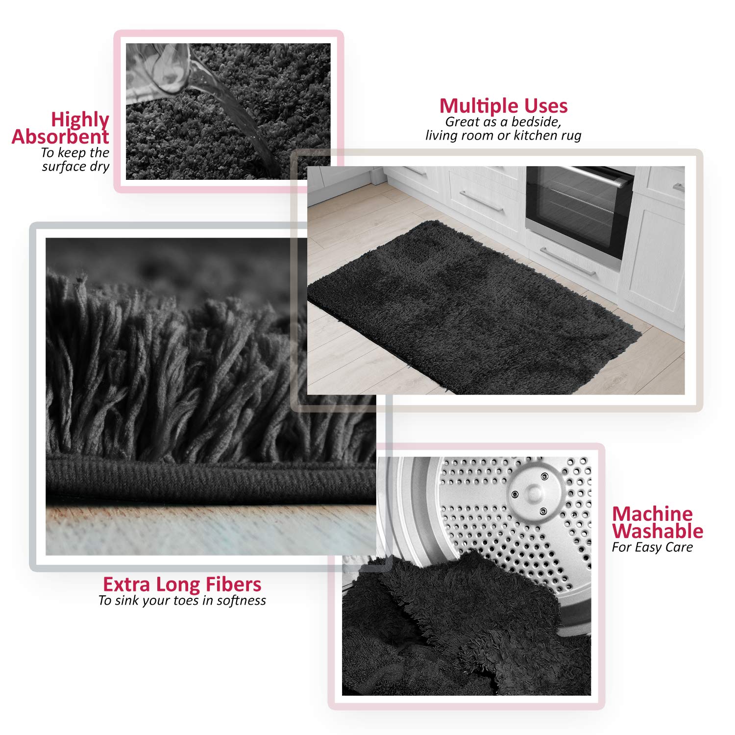 Clara Clark Ultra Soft Shaggy Bathroom Rugs - Non-Slip Rubber Backing Machine Washable Bath Mats Set of 2, Black - Perfect for Bathroom, Bedroom & Spa Decor