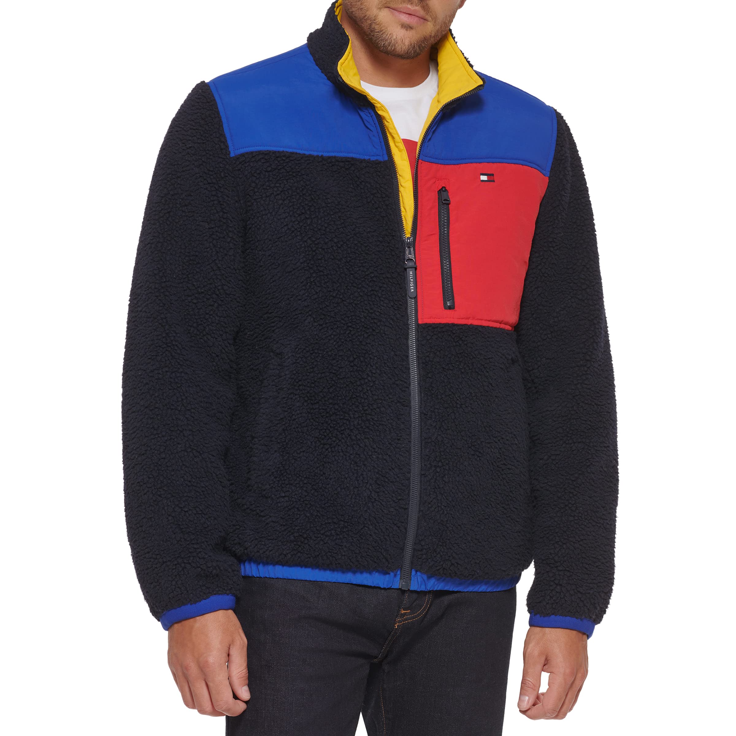 Tommy Hilfiger Men's Navy Sherpa Stand Collar Jacket - Medium Size | Warm Winter Coat for Outdoor Activities & Casual Wear