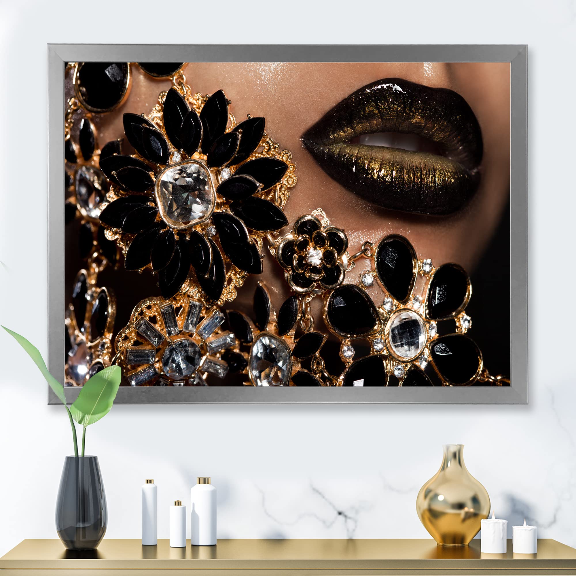 DesignQ Modern Framed Wall Art - Golden Jewelry Female Lips Painting for Living Room, Bedroom & Office Decor | Elegant Home Wall Decorations