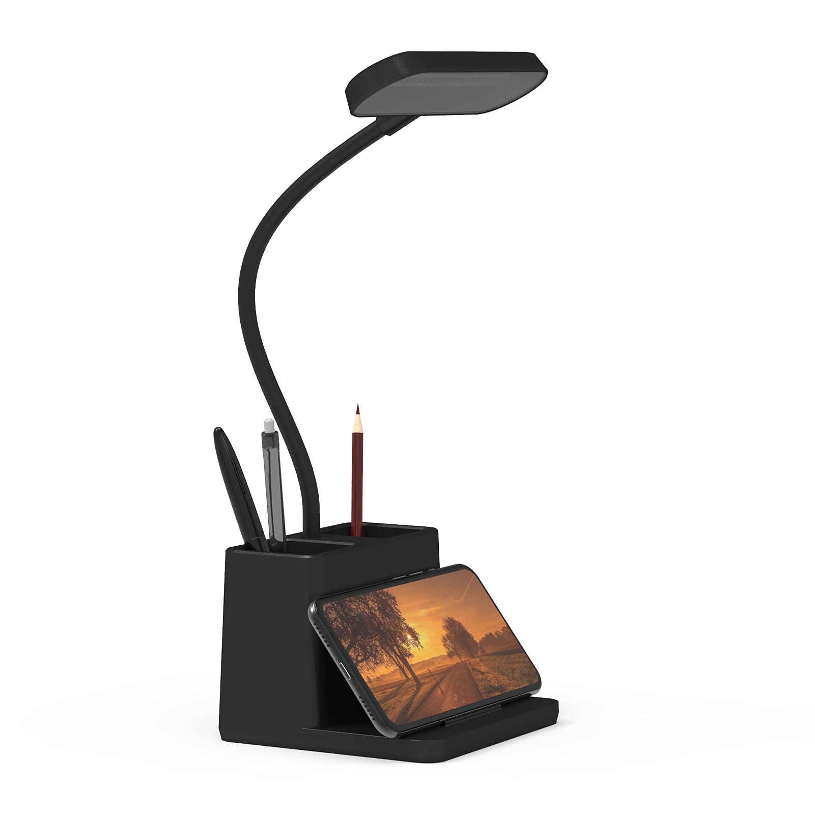 AXX Black LED Desk Lamp - Dimmable Rechargeable Battery Operated Table Light with Flexible Gooseneck, Touch Control, Pen Holder & Phone Mount | Perfect for Home Office, Bedroom, Computer Desktop Study & Reading
