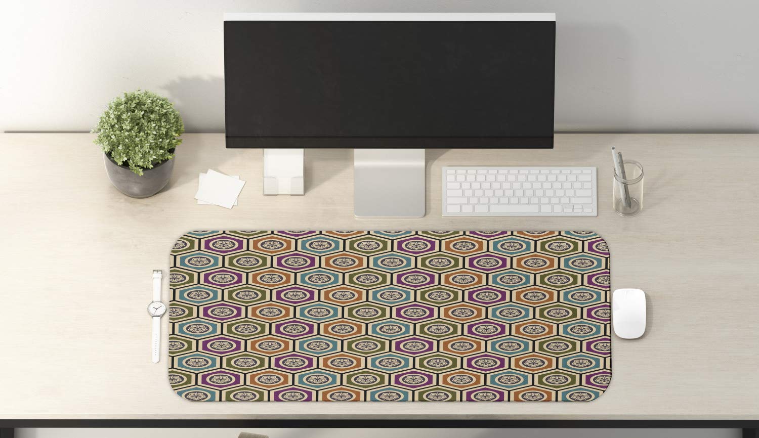 Ambesonne Geometric Computer Mouse Pad with Japanese Flowers & Colorful Hexagons - Non-Slip Rubber Gaming Mousepad (31