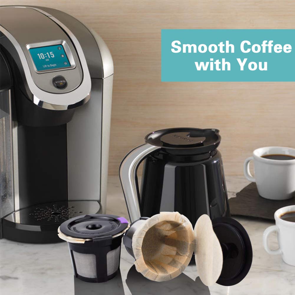 2 Reusable Keurig Cups & 300 Unbleached Keurig Coffee Pods Paper Filters with Lids - Eco-Friendly Disposable K-Cup Filters for Single Serve Coffee - Compatible with Keurig 2.0 & 1.0 Coffee Makers - Perfect for Home, Office, or Travel Use