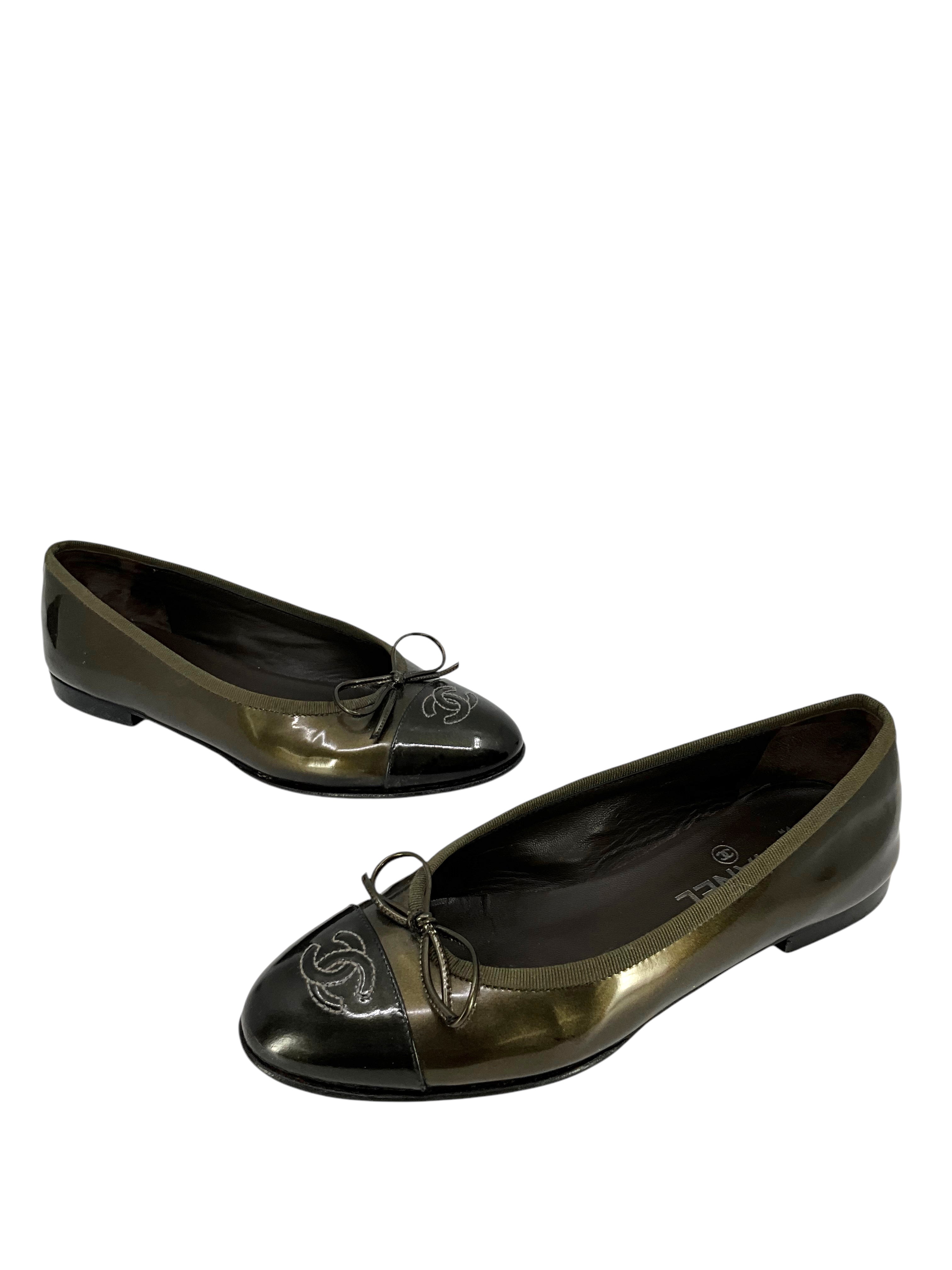 Chanel Patent Leather CC Cap Toe Ballet Flats Women's Size 7.5 - Classic Black Dress Shoes for Work, Party & Formal Occasions