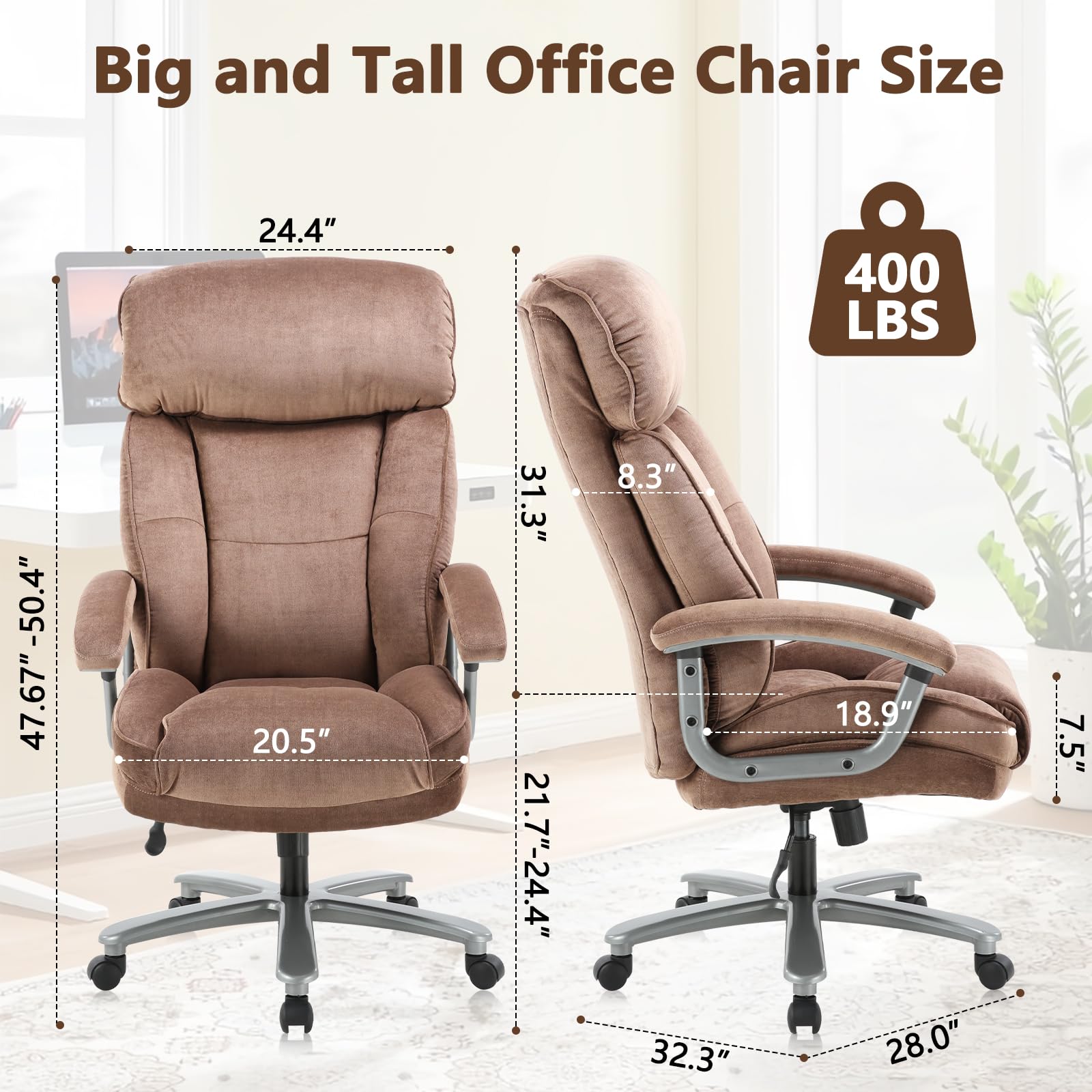 CLATINA Ergonomic Big and Tall Executive Office Chair - 400lbs Weight Capacity, Adjustable Height, Thick Padding with Headrest & Armrest - Upholstered Swivel Chair for Home Office (Beige) - Perfect for Long Work Hours and Comfortable Workspace Setup