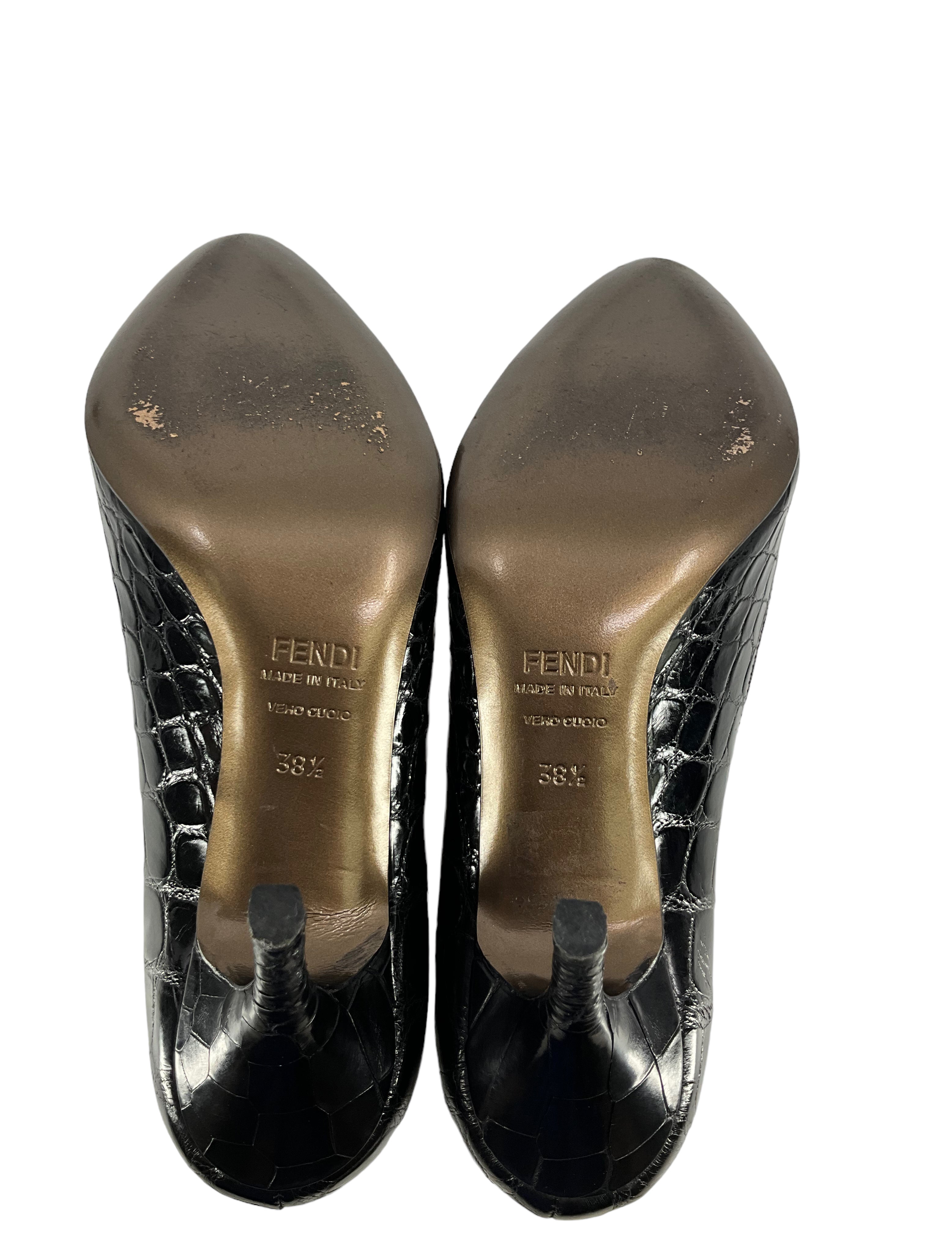 Fendi Black Crocodile Embossed Leather Pumps Women's Size 8 | Luxury High Heels for Evening Parties, Weddings & Formal Events