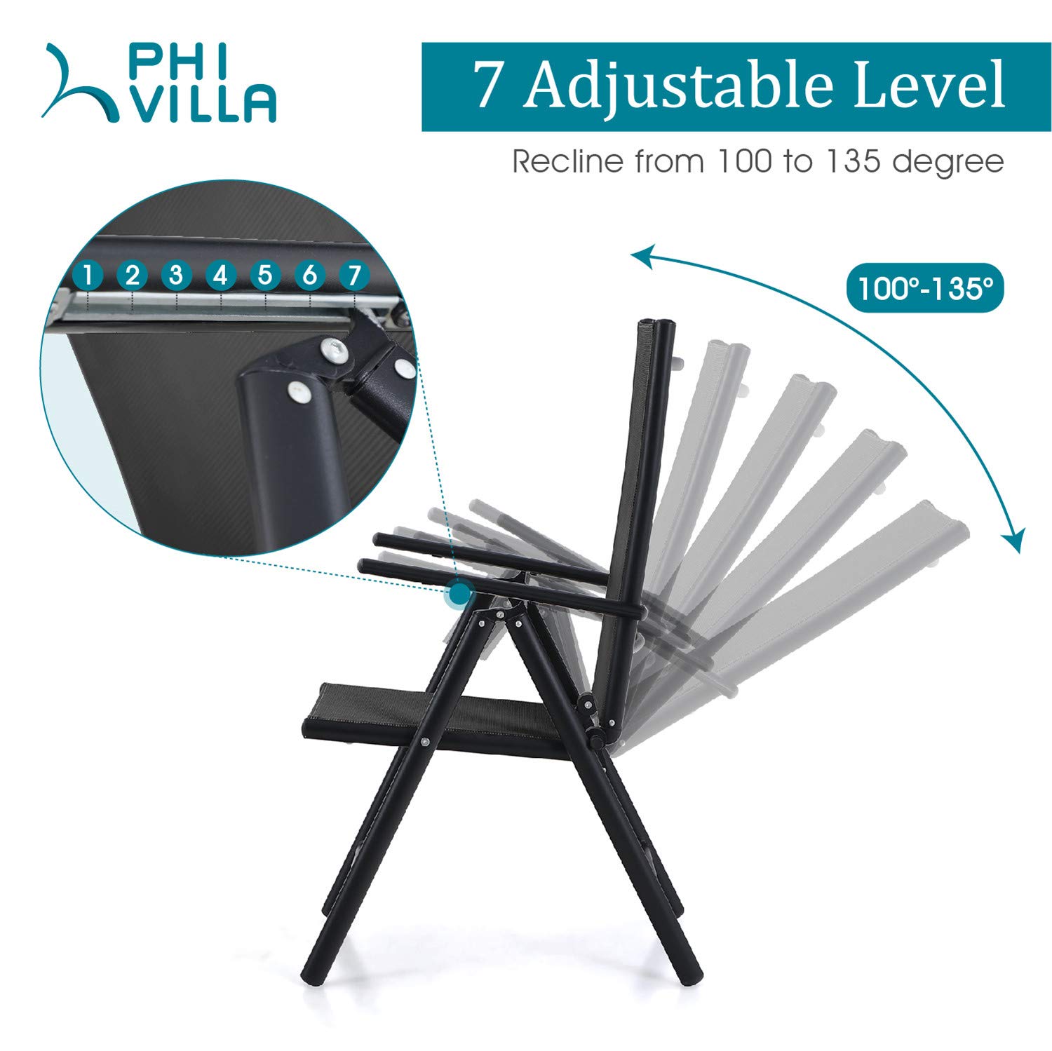 PHI VILLA 3-Piece Patio Bistro Set - 2 Reclining Folding Sling Chairs & 1 Round Metal Side Table - Outdoor Garden Furniture for Balcony, Deck, Porch or Backyard Relaxation
