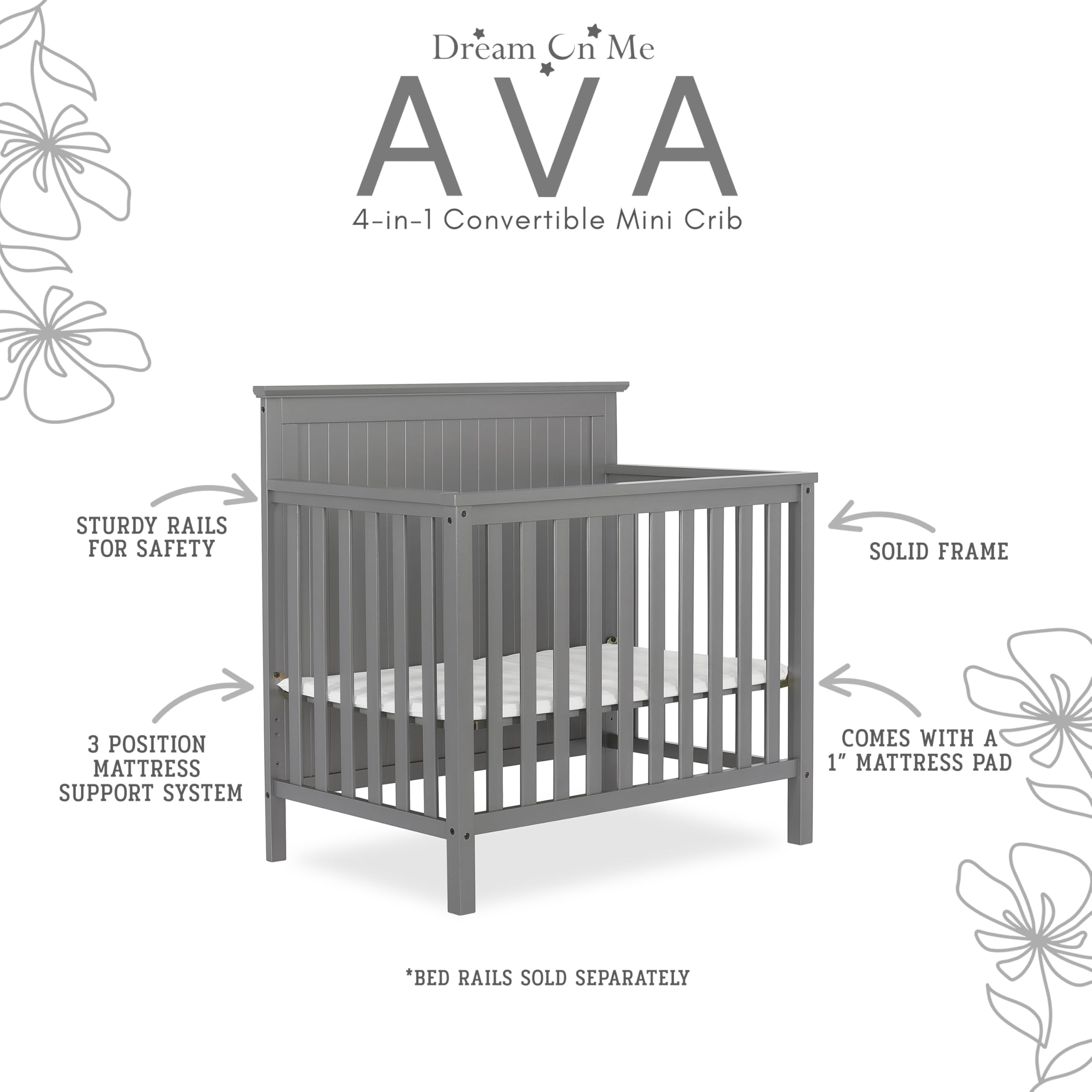**Dream On Me Ava 4-in-1 Convertible Mini Crib – Steel Grey, Greenguard Gold Certified, Non-Toxic Finish, Includes 1