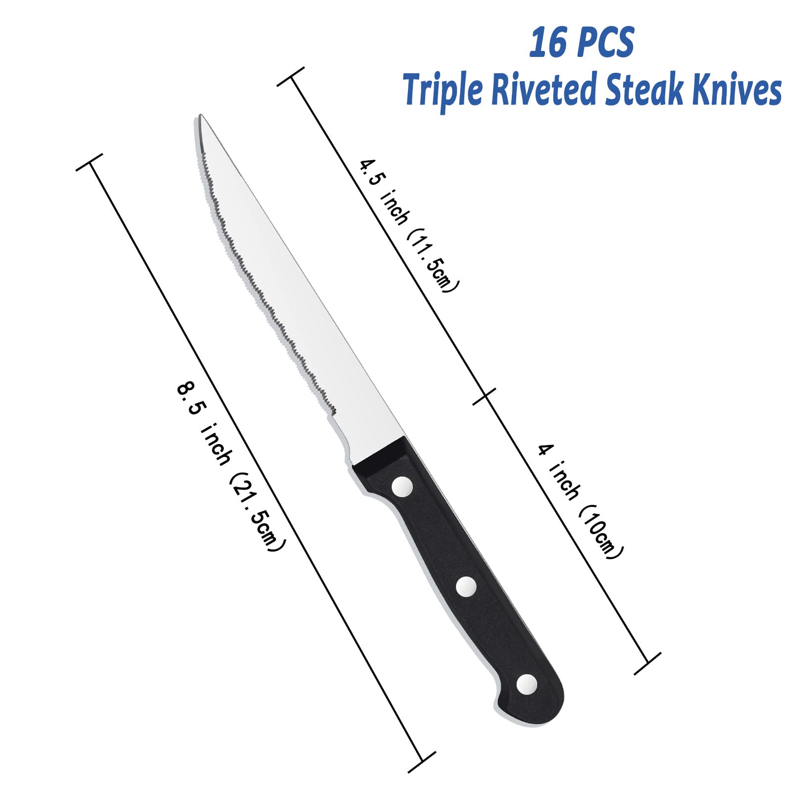 BEWOS 16-Piece Steak Knives Set - Triple Rivet Serrated Stainless Steel Blades (4.5