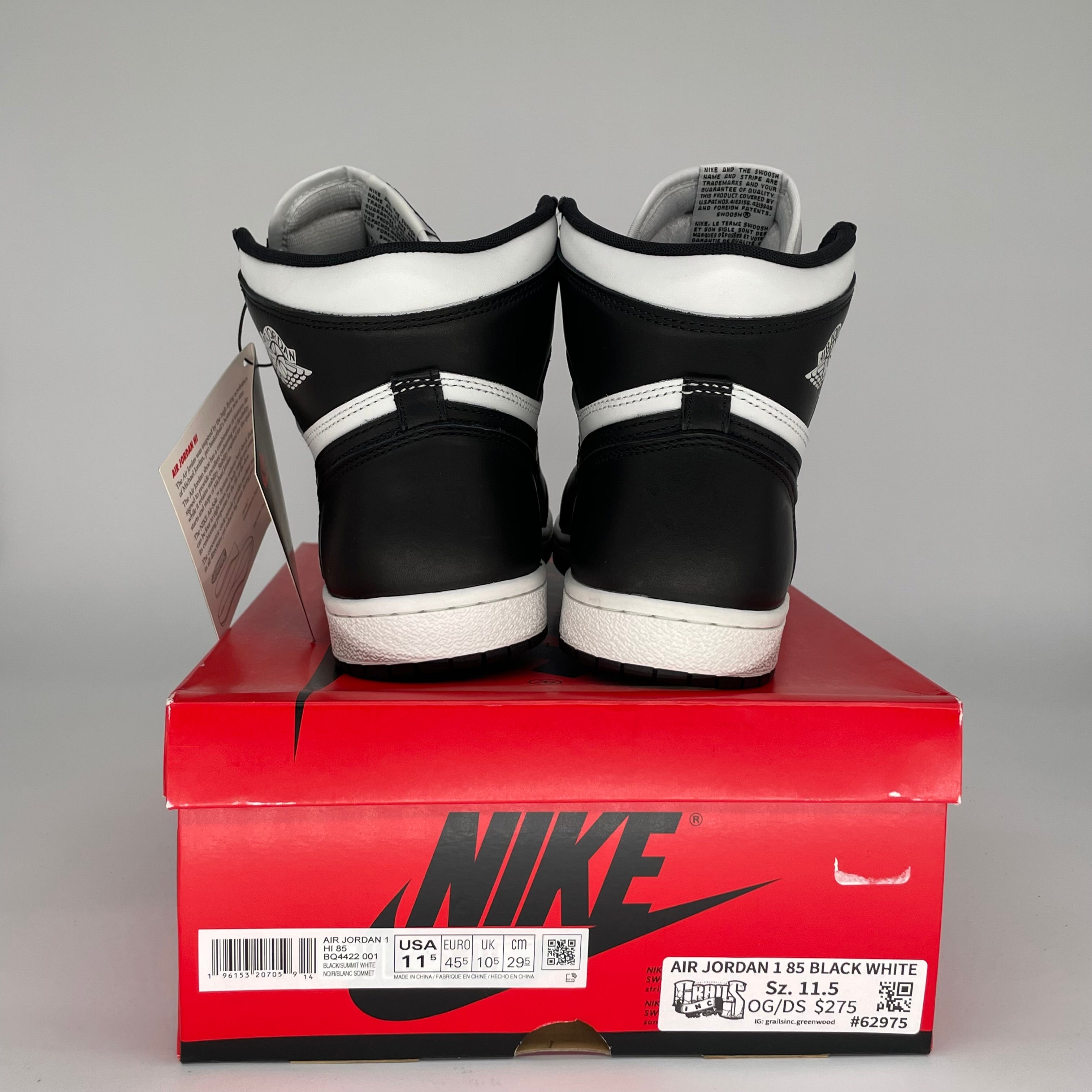 Original Air Jordan 1 '85 Black White Retro Basketball Shoes - Men's Size 11.5 (BQ4422-001) | Classic Sneakers for Streetwear, Casual & Basketball Games