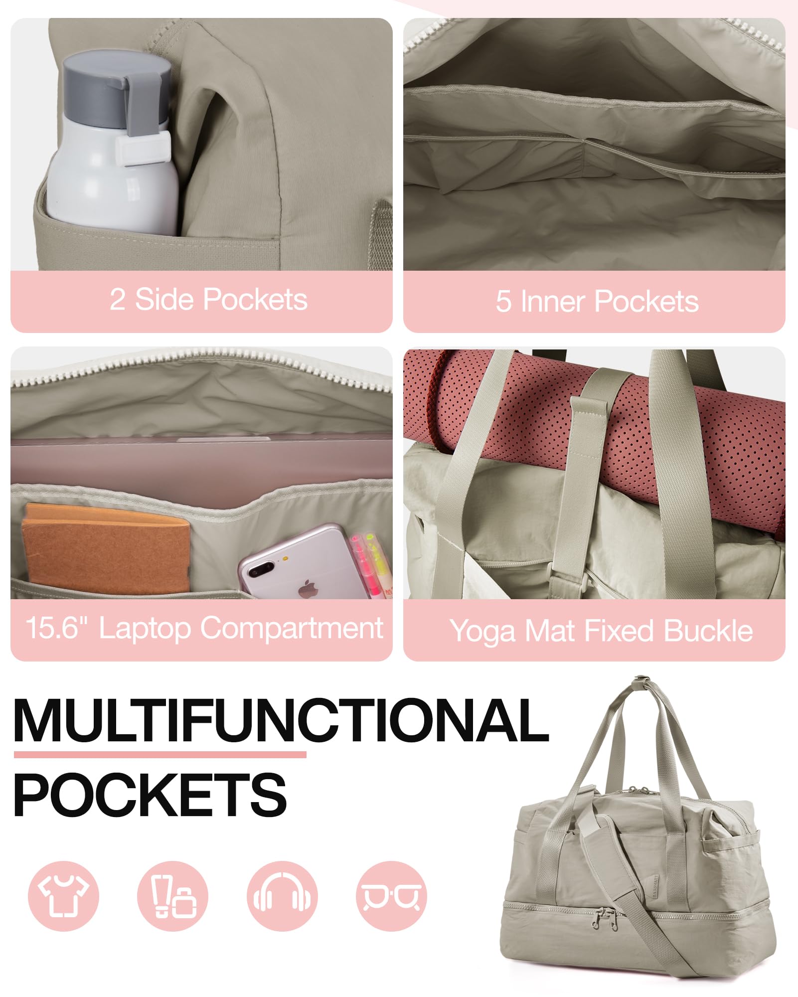 BAGSMART Women's Weekender Travel Duffel Bag with Shoe Compartment & Toiletry Bag - Airline Approved Carry On Overnight Tote for Gym, Work, Weekend Getaways (Beige, 2 Pack)