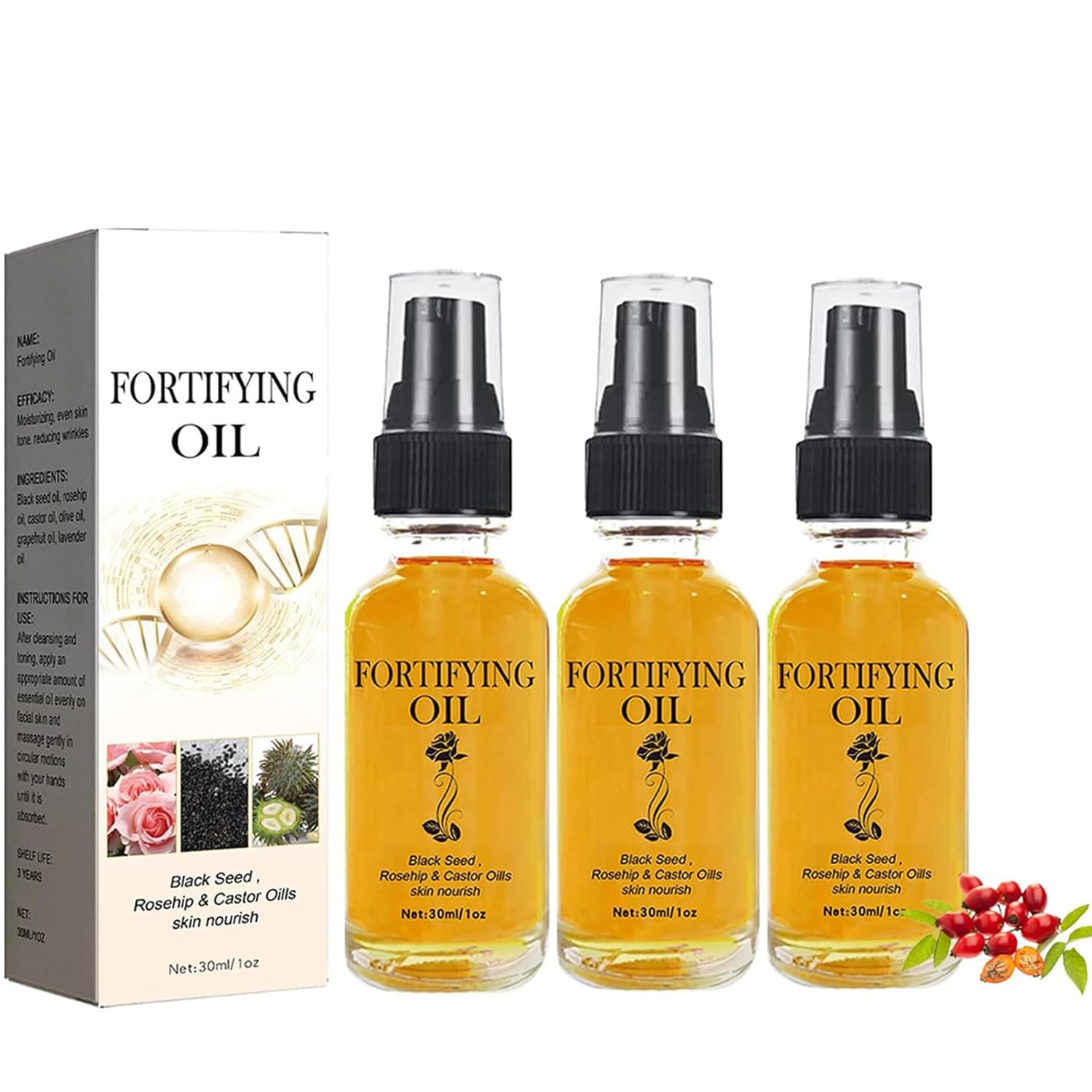 3Pcs Organic Rosehip Oil, Castor Oil & Black Seed Oil Facial Serum - Natural Face Moisturizer for Dry Skin, Anti-Aging & Dark Spot Treatment - Perfect for Night Routine & Daily Skincare Regimen
