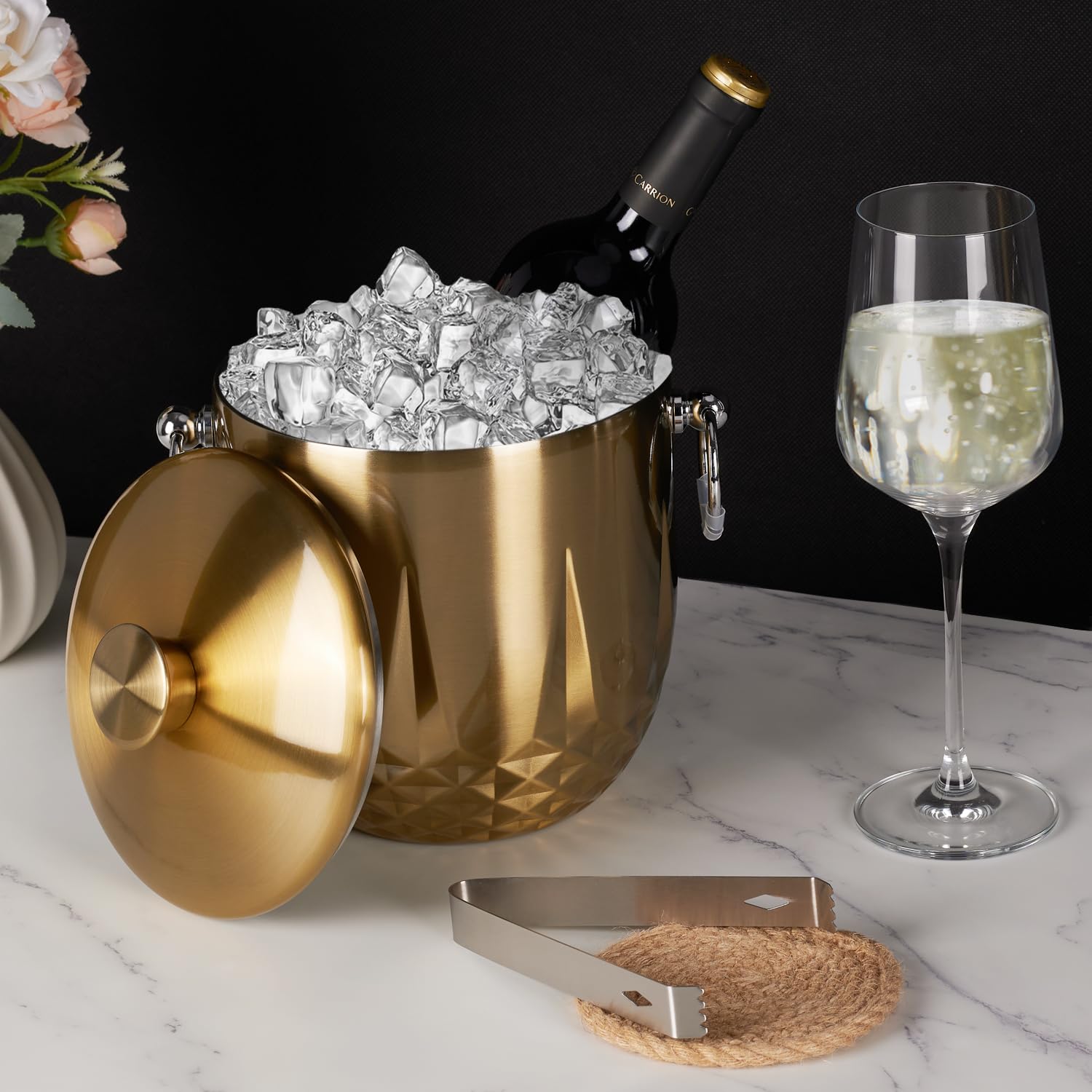 Premium 3L Double Wall Stainless Steel Ice Bucket with Lid - Insulated Ice Bucket Keeps Ice Frozen Longer - Includes Stainless Steel Tong & Strainer - Perfect for Parties, Cocktails, Wine, Champagne, Bars & Home Entertaining - Elegant Gold Finish for Weddings & Special Events