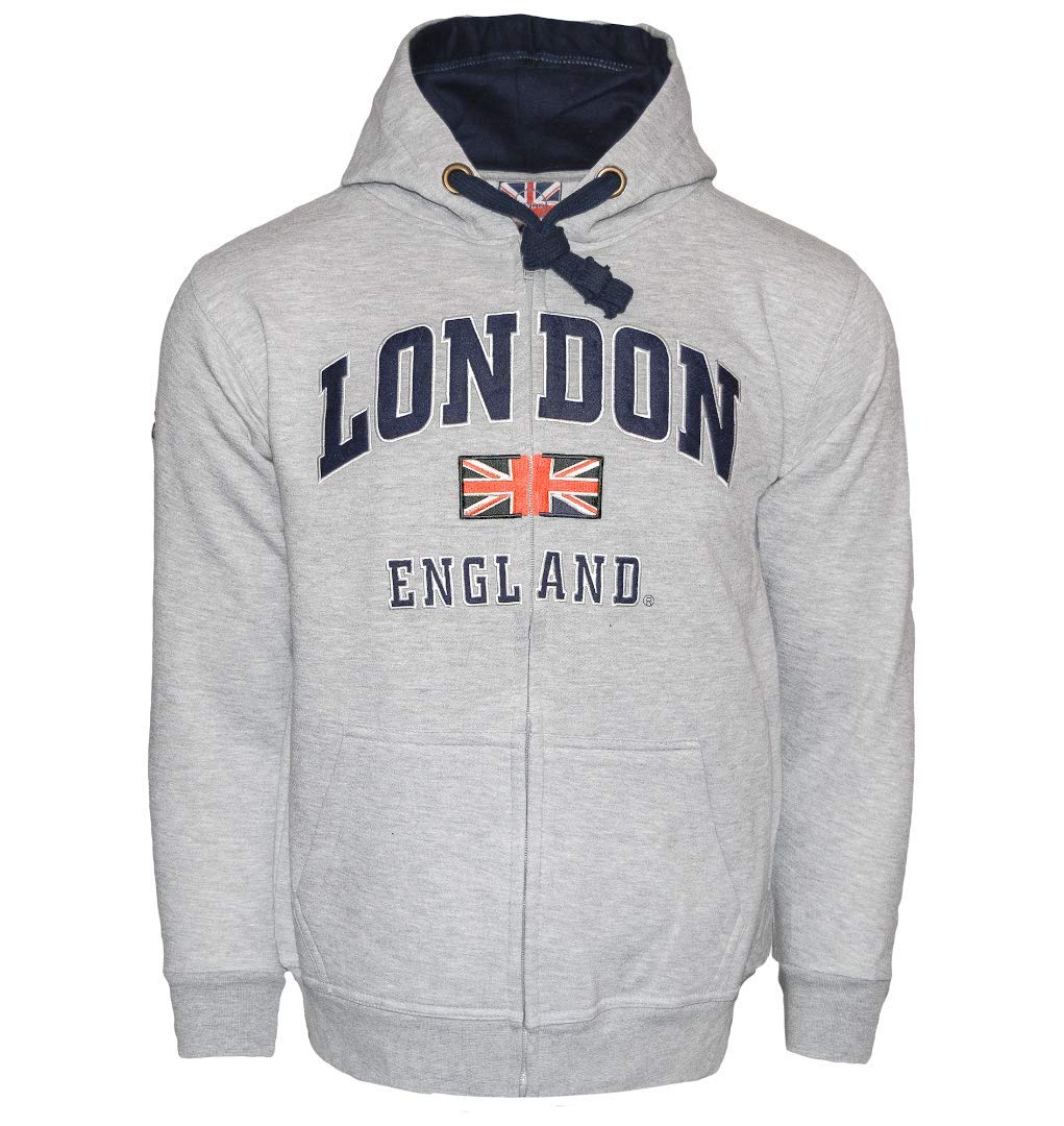 LE129ZGN Unisex London England Zipped Hoodie - Grey & Navy Hooded Sweatshirt (XS-2XL) | Streetwear Fashion, Casual Wear, Travel Outfit