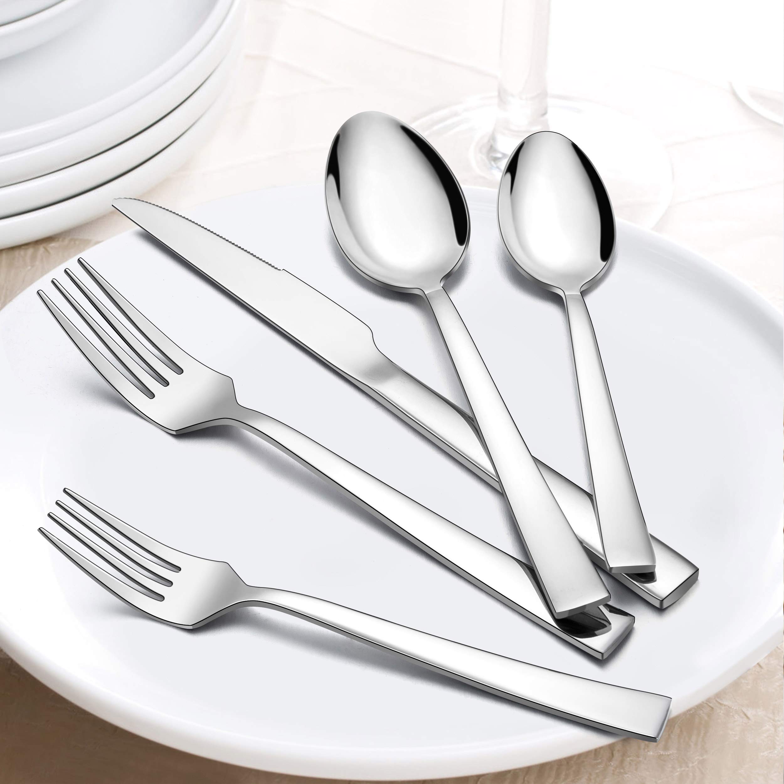 60-Piece Stainless Steel Flatware Set with Organizer Tray - Square Cutlery for 12 People - Dishwasher Safe Silverware for Everyday Dining, Parties & Restaurants