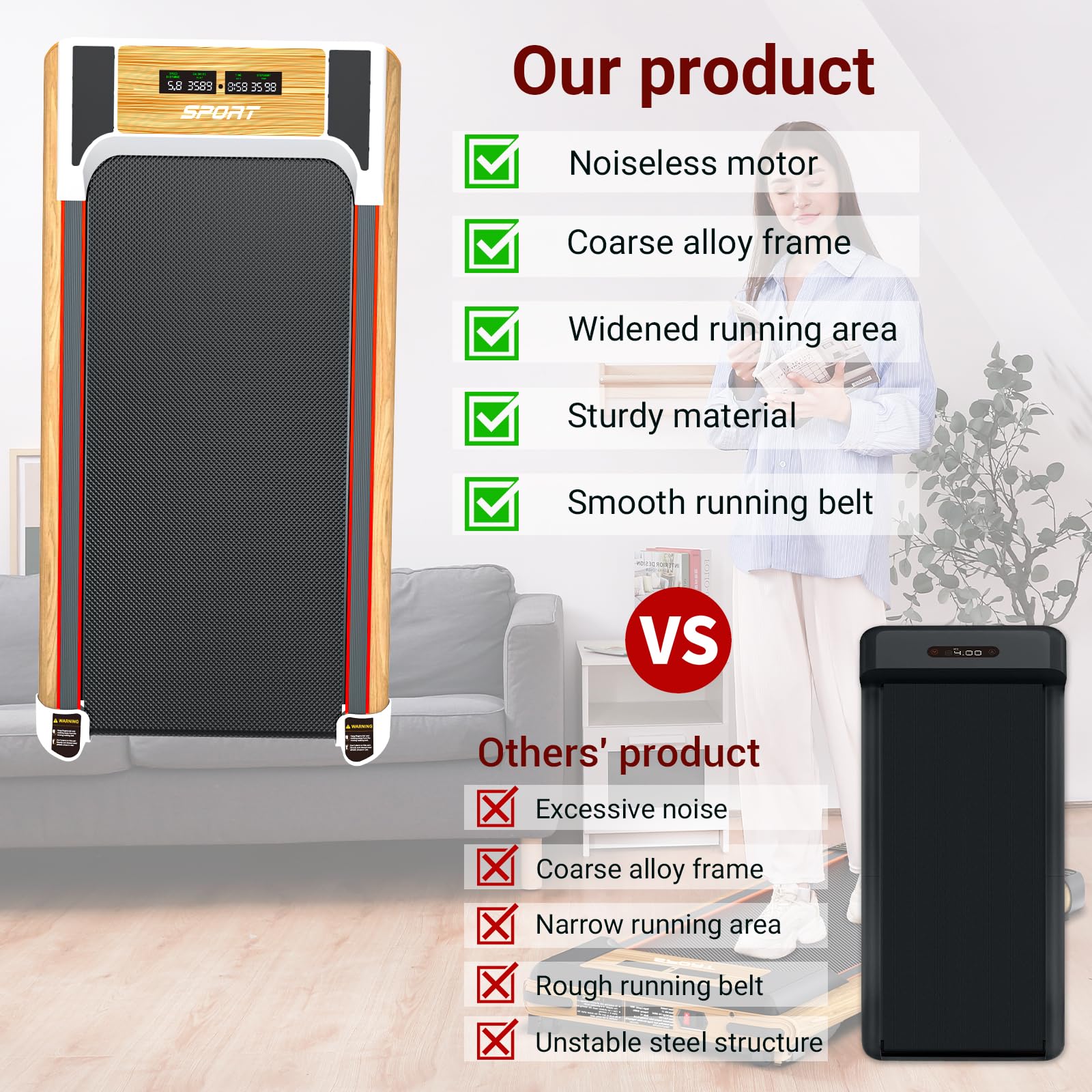 2 in 1 Under Desk Treadmill with Incline - Compact Walking Pad & Jogging Machine for Home Office, Wood Grain Design | Perfect for Workouts While Working or Watching TV