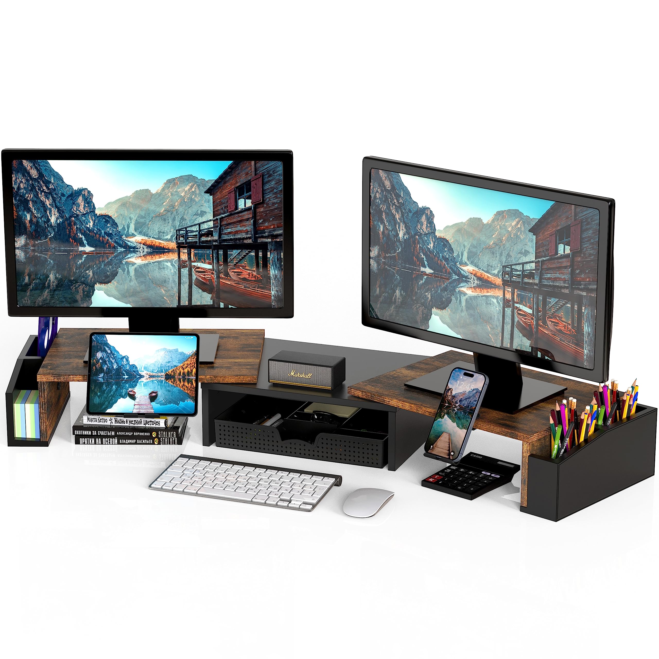 Dual Monitor Stand Riser with Storage Drawer - Rustic Brown Wooden Desk Organizer for Home Office & Gaming Setup