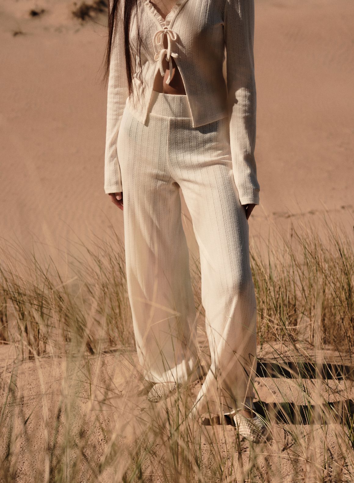 Almond White Pointelle Knit Pants for Women - Soft & Breathable High Waisted Lounge Pants - Perfect for Yoga, Sleeping & Casual Wear