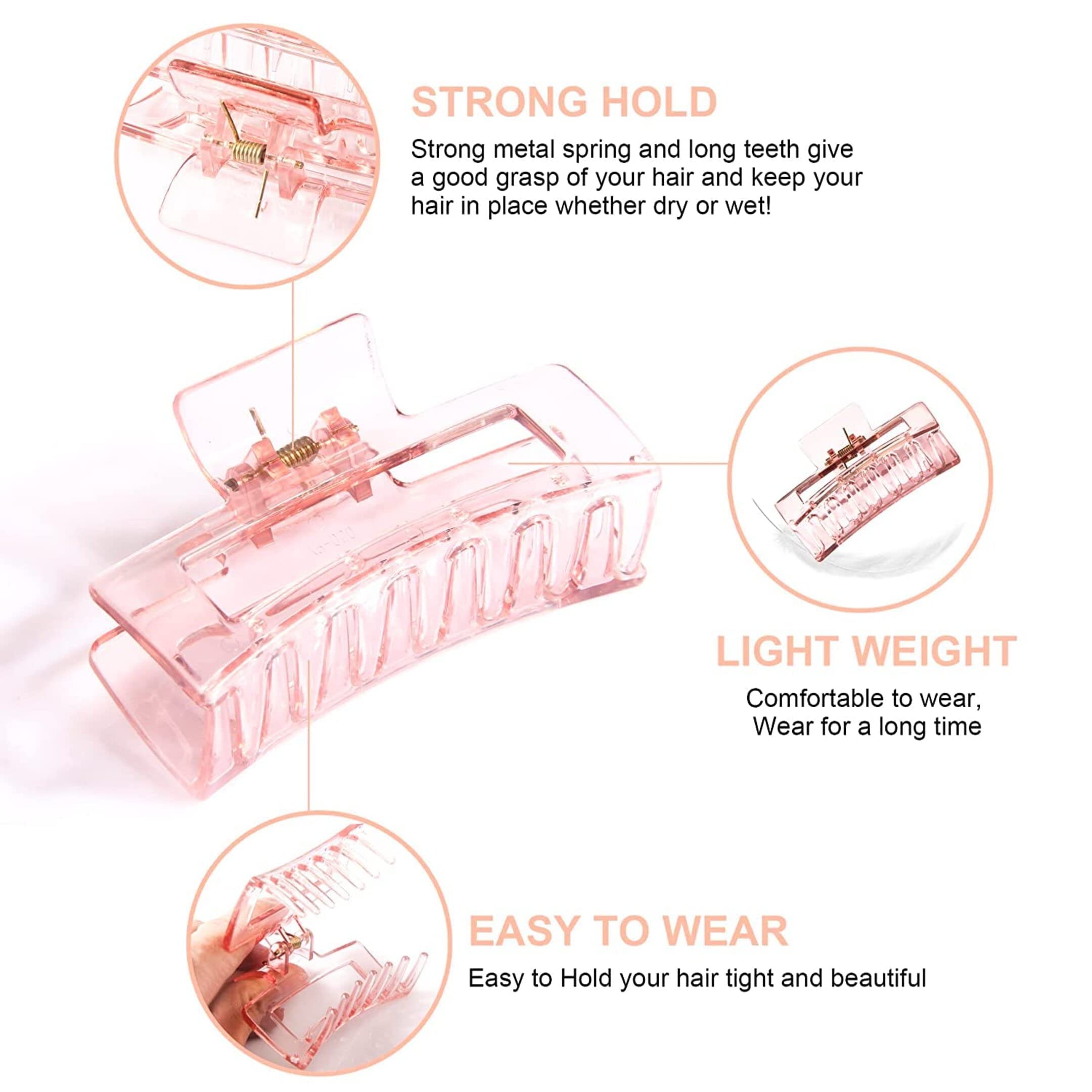 Korean Style Big Hair Claw Clips for Women - 3 Pack Strong Hold Transparent Hair Clips for Thin, Thick & Curly Hair - Perfect for School, Work, Gym and Everyday Styling
