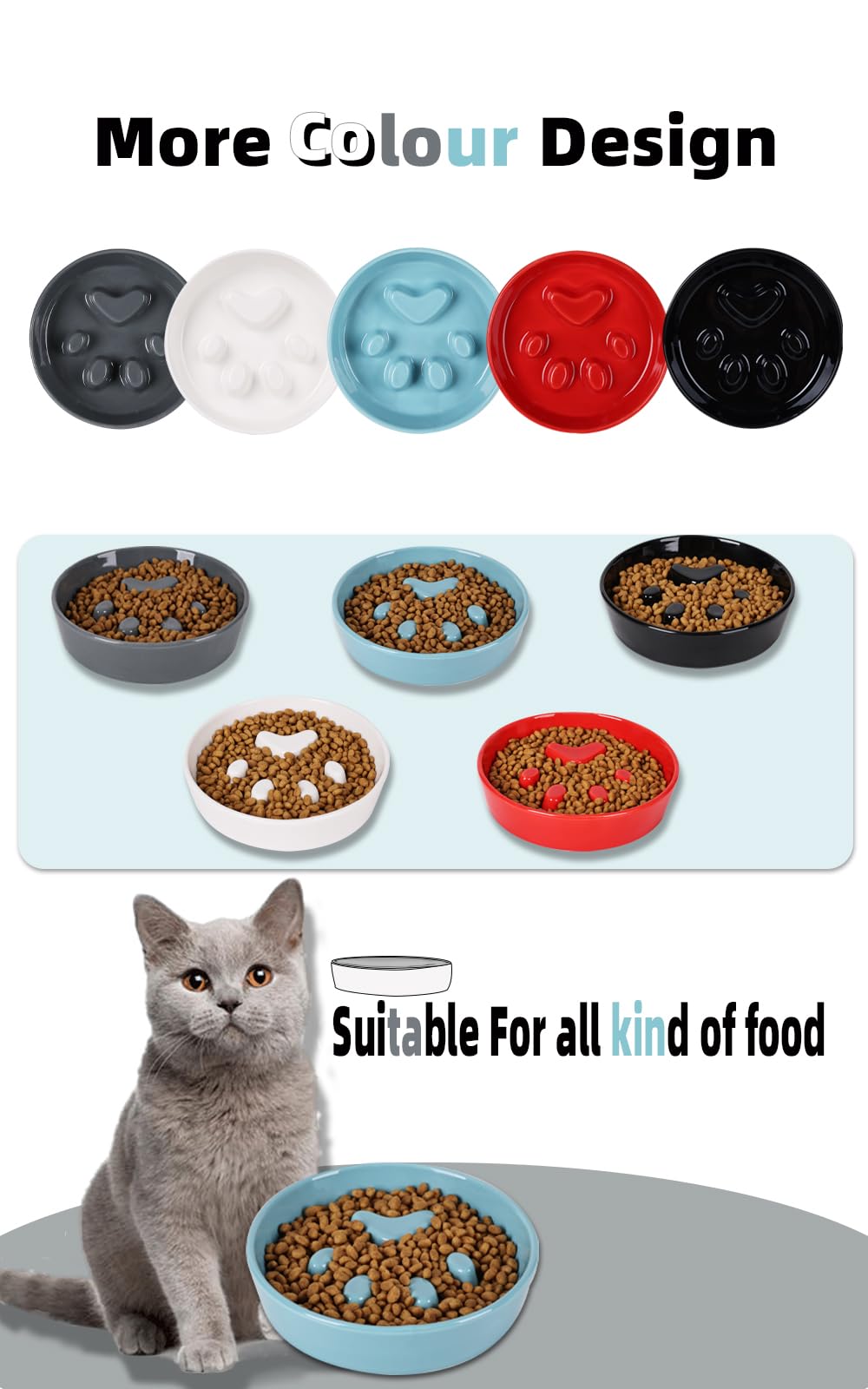 Ceramic Slow Feeder Cat Bowl - Turquoise Fun Slow Eater Dish for Cats - Perfect for Portion Control & Preventing Bloat During Mealtime
