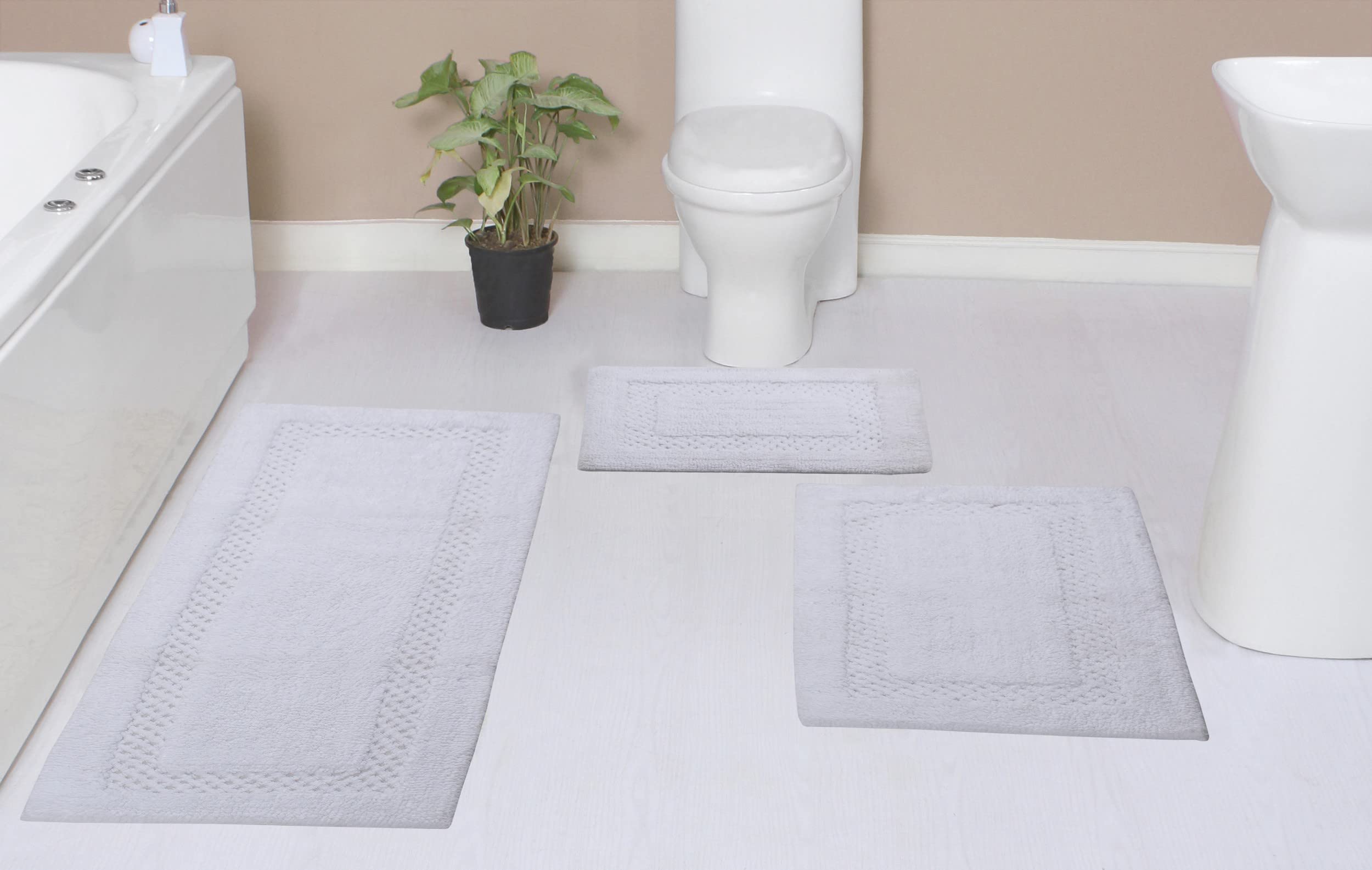 Premium 100% Cotton Bathroom Rugs Set - Ultra Soft Absorbent Bath Mat, Non-Slip Washable Floor Mat for Bathroom & Kitchen - 3 Piece Set with Runner (White) - Perfect for Cozy Bathrooms, Spa Days & Wet Areas