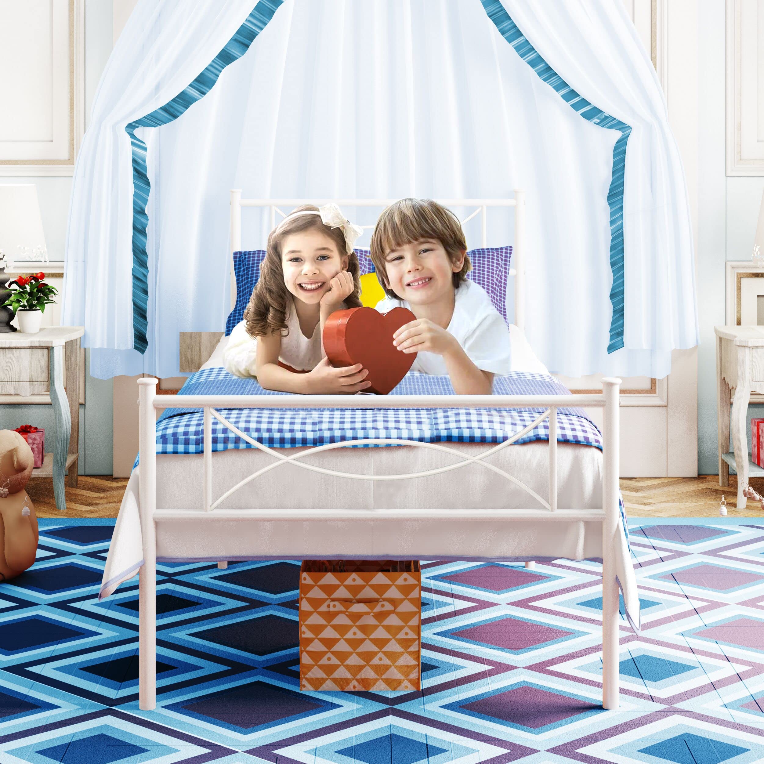 Twin Size Bed Frame with Headboard for Girls, Boys, Adults & Teens - White Platform Bed with Storage, No Box Spring Needed, Easy Assembly | Perfect for Dorm Rooms, Kids Bedrooms & Small Spaces