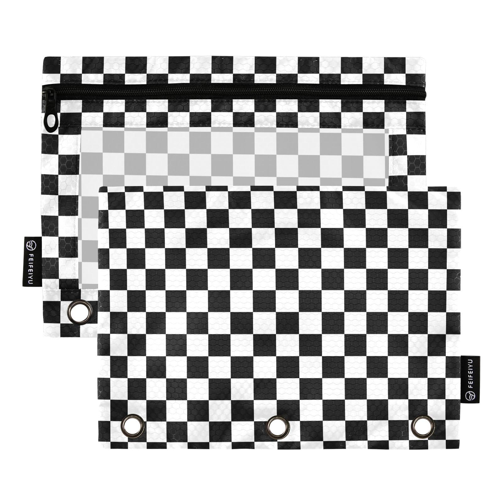 Waterproof Black & White Checkered Pencil Pouch with Clear Window - 2 Pack School Supplies for 3 Ring Binder, Kids, Boys & Girls - Perfect for Classroom, Office & Organization