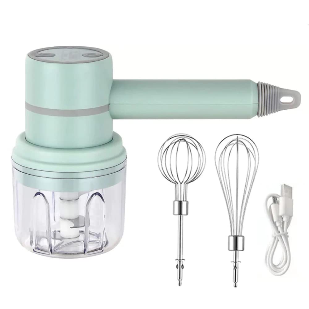 Handheld Rechargeable 2-in-1 Electric Milk Frother & Food Chopper - High Speed Drink Mixer & Garlic Ginger Crusher - Perfect for Coffee Lattes, Baby Food & Smoothie Making (Green)