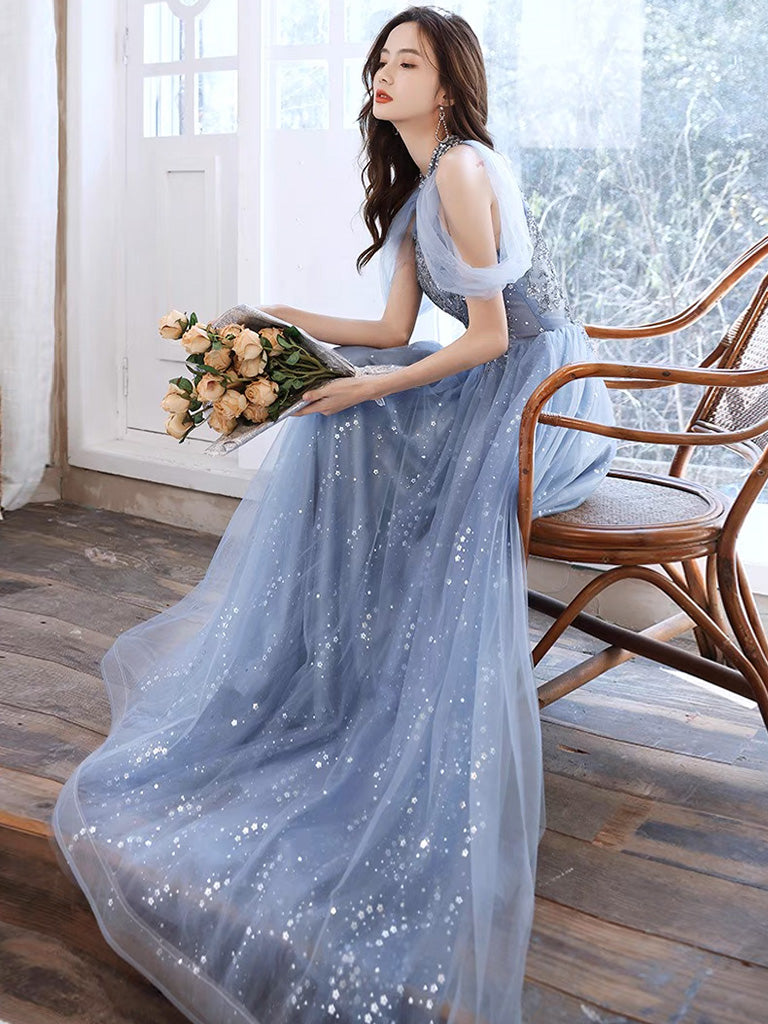 Elegant Off-Shoulder A-Line Tulle Prom Dress in Blue with Lace Details - Perfect for Formal Dances, Weddings & Special Occasions