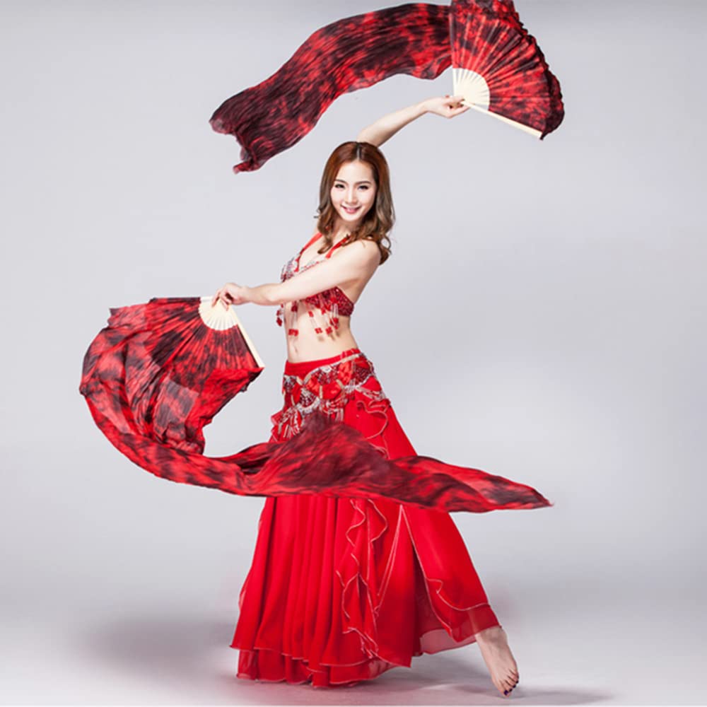 Aumulen Women's Real Silk Belly Dance Fan Veils - Handmade Colorful Tie-Dyed Pair (Left+Right) for Belly Dancing, Performances & Costume Accessories