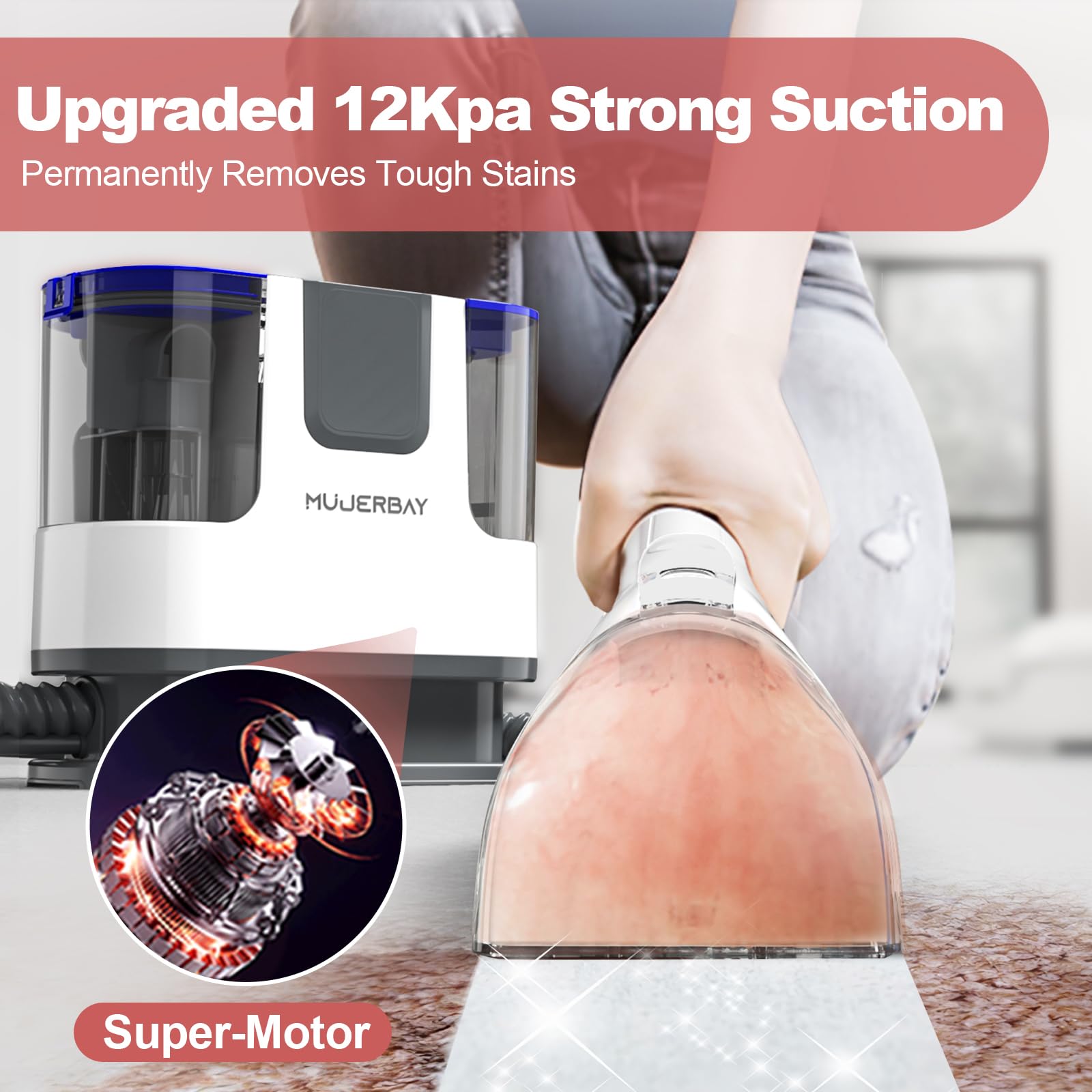 MUJERBAY® 12KPa Portable Carpet Cleaner - Powerful 1.18-inch Deep Cleaning for Upholstery, Couch, Stairs, Car & Pet Stains - Easy Maneuver with Universal Wheels & Handle (Blue) - Perfect for Home, Office and Auto Interior Cleaning