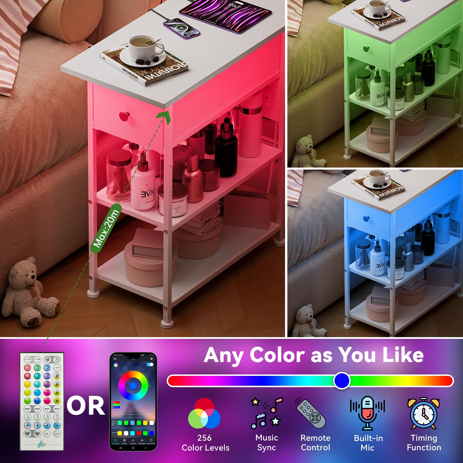 Slim Narrow End Table with USB Charging Station & LED Light - Skinny Nightstand with Drawer and Shelves - Modern White Side Table for Bedroom, Living Room, Small Spaces - Perfect for Apartment, Dorm, Studio & Office Use