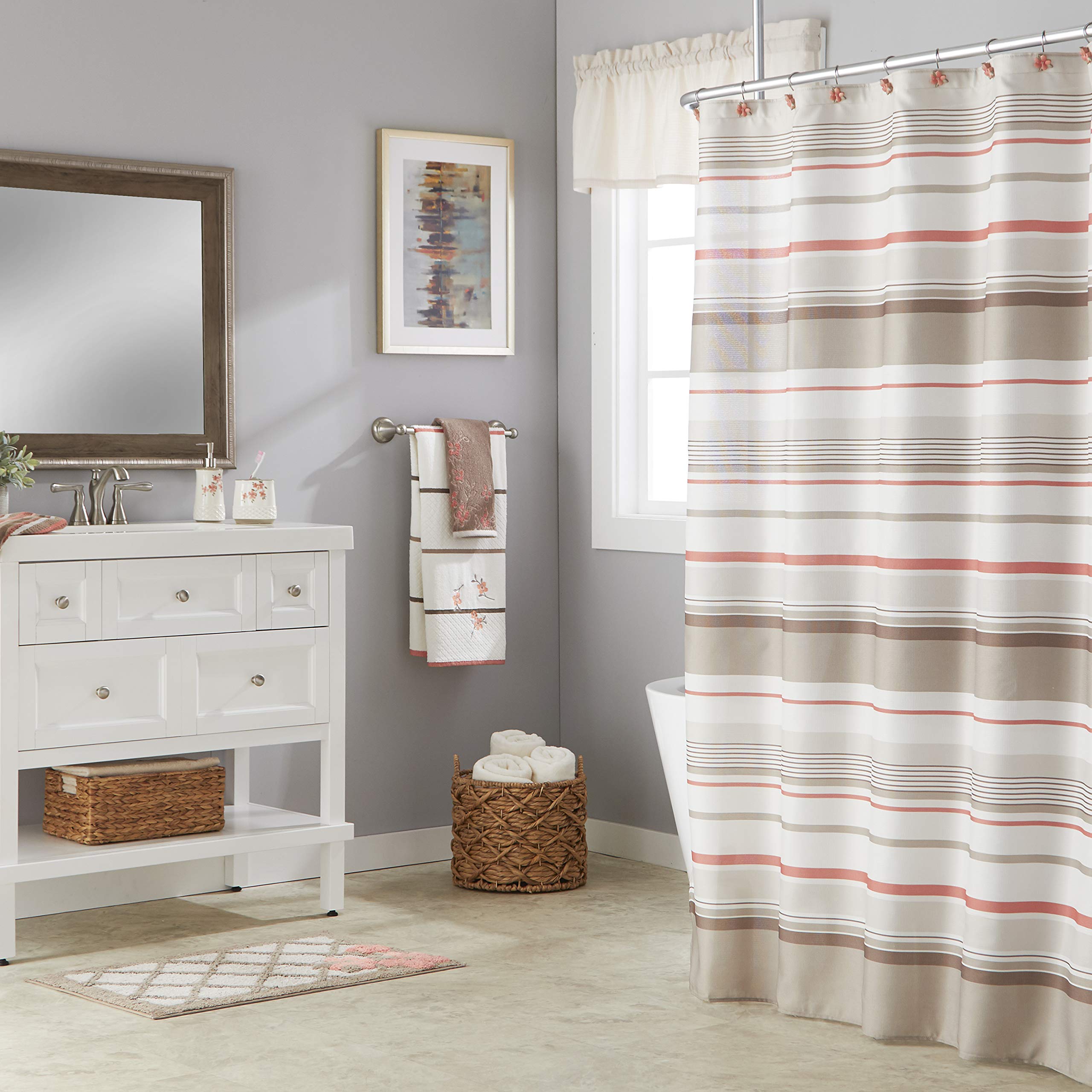 SKL Home Coral Garden Stripe Hand Towel - Soft Absorbent Cotton Bath & Kitchen Towels for Bathroom, Spa, and Guest Use