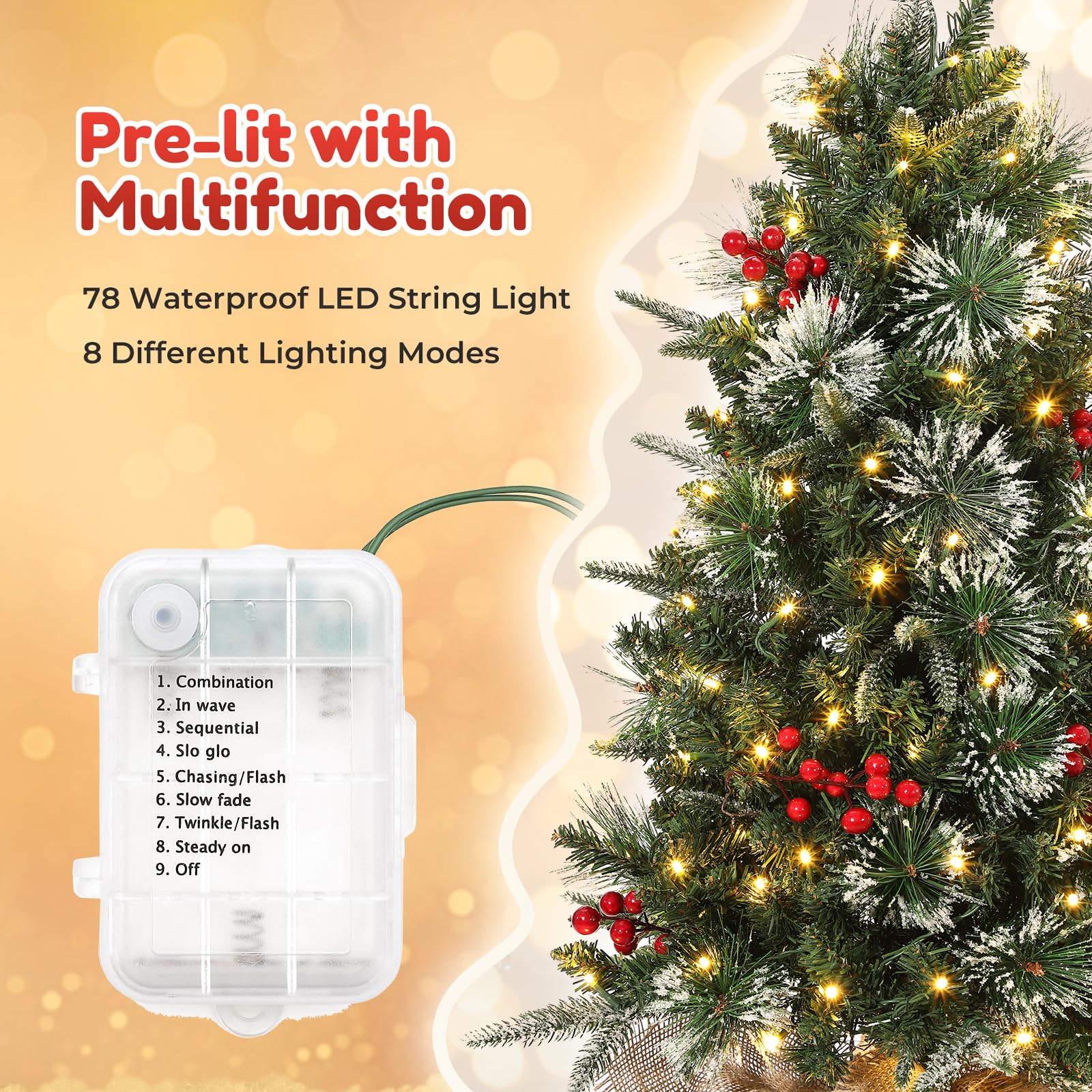 GARVEE 3ft Pre-Lit Fiber Optic Artificial Christmas Tree with Burlap Base - Small Tabletop Holiday Tree Decor with Pine Cones & Red Berries - 8 Lighting Modes for Home, Office, and Party Decorations