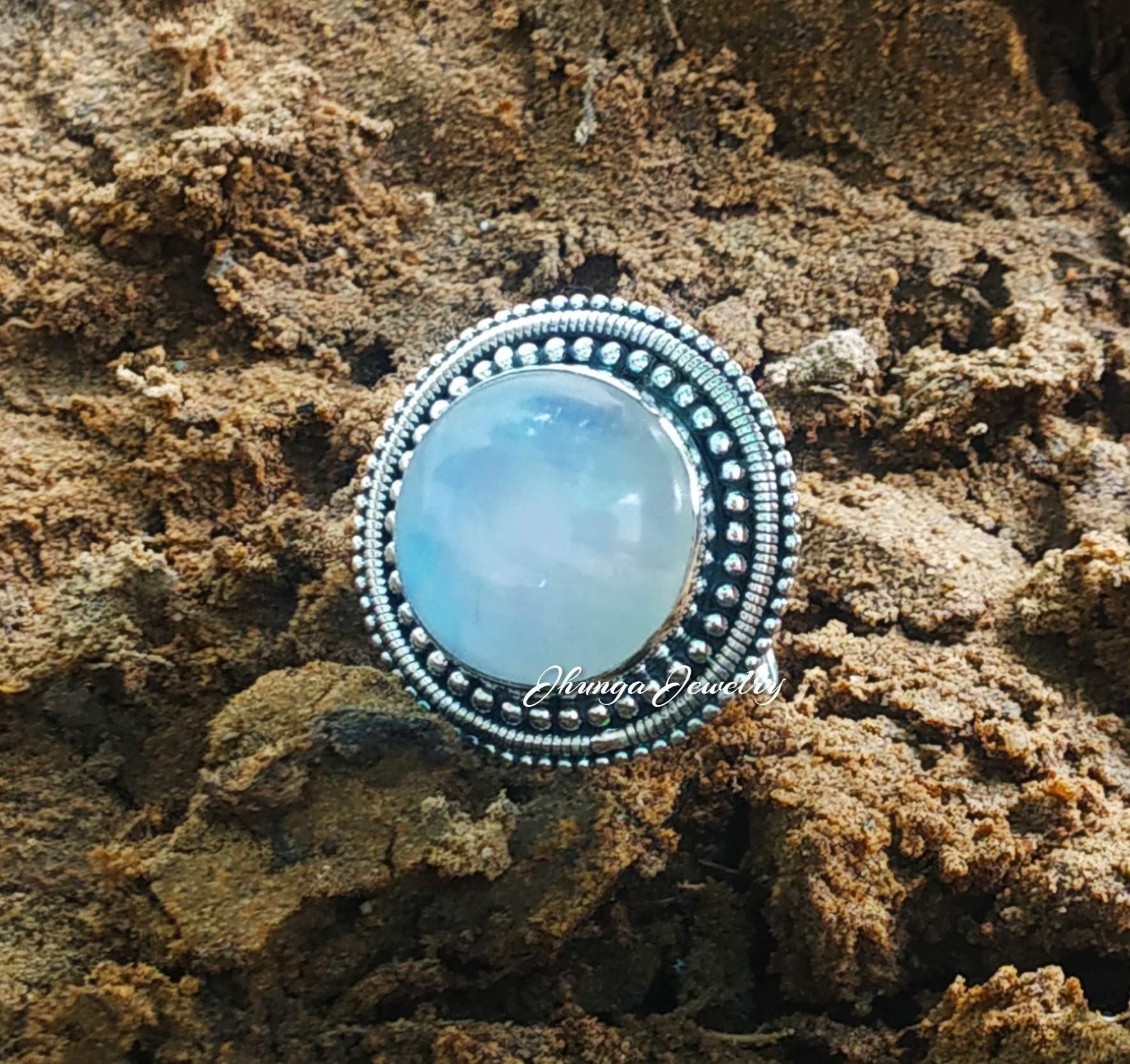Natural Blue Flash Moonstone Ring - 925 Sterling Silver Artisan Jewelry with Rainbow Effect & Dotted Design | Wide Band Engagement Ring for Women/Men | Perfect Bridal Gift, Wedding Jewelry & Everyday Boho Chic Accessory