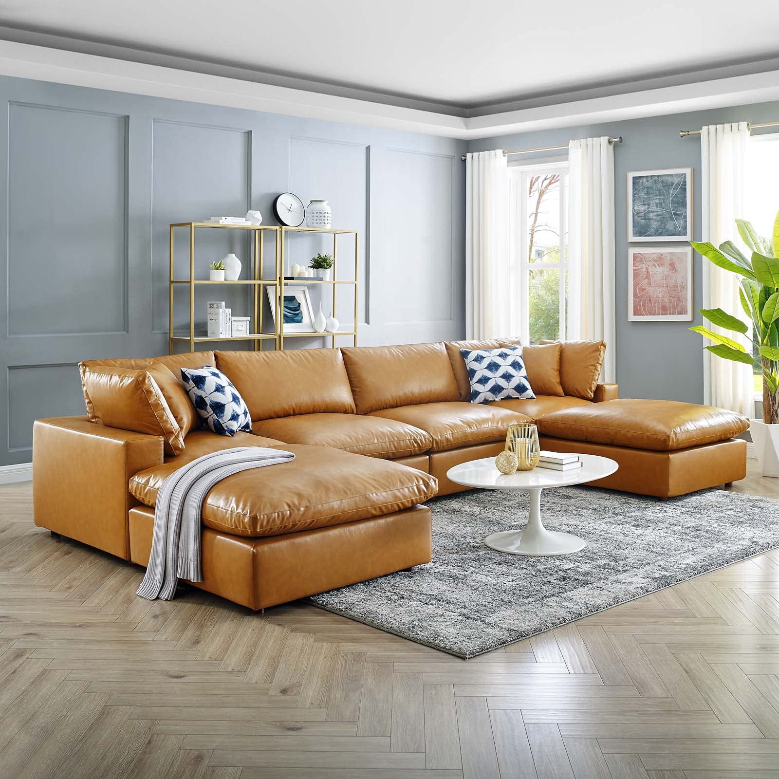 Modern Contemporary Sectional Sofa Set - Faux Vegan Leather in Tan - Perfect for Lounge, Hotel Lobby & Hospitality Spaces