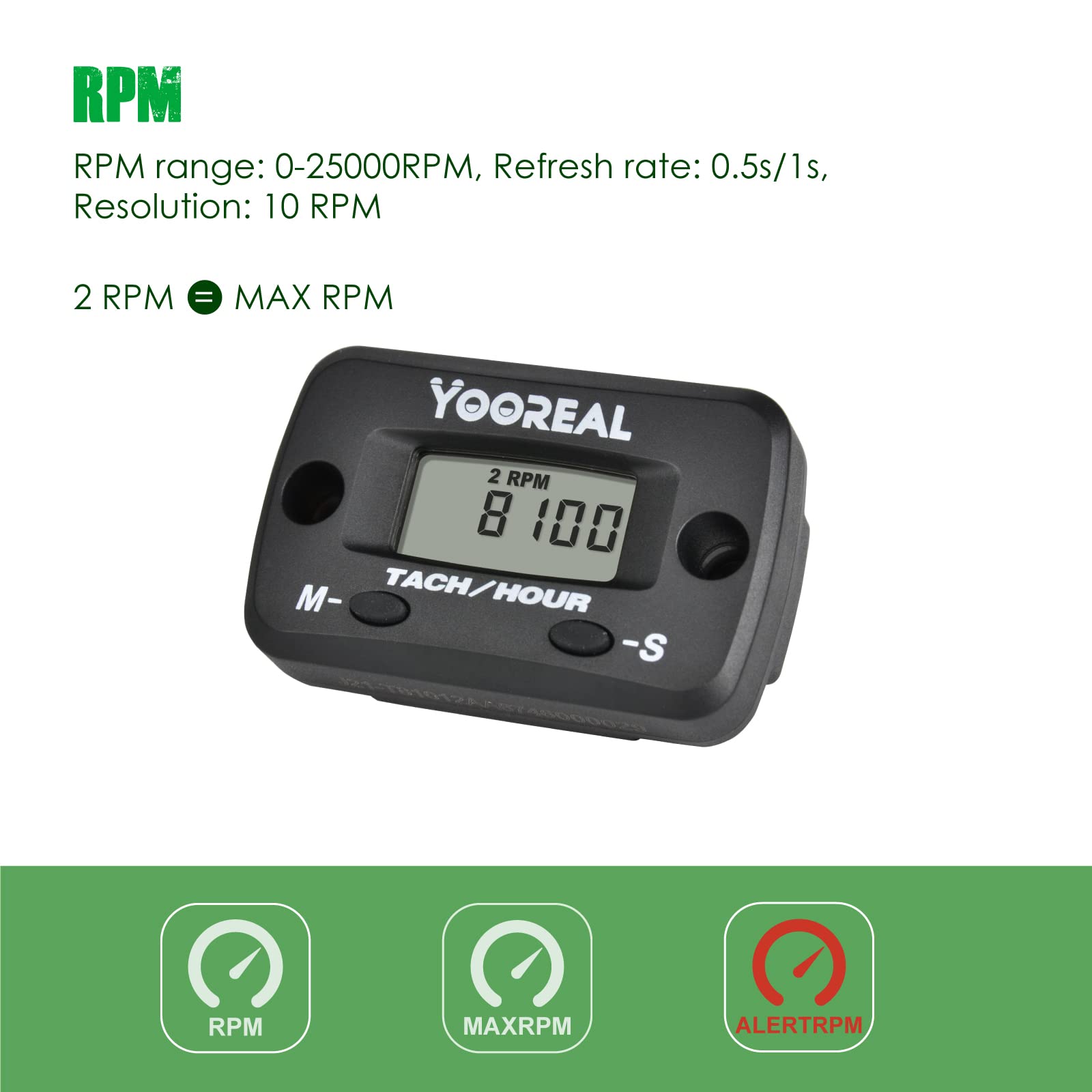 Yooreal Digital Hours Meter Tachometer with Clip - Replaceable Battery, Waterproof Engine Hour Counter for Lawn Mower, Brush Cutter, Generator, Air Compressor, Scooter, Chainsaw - Track Usage Time for Maintenance & Service Reminders