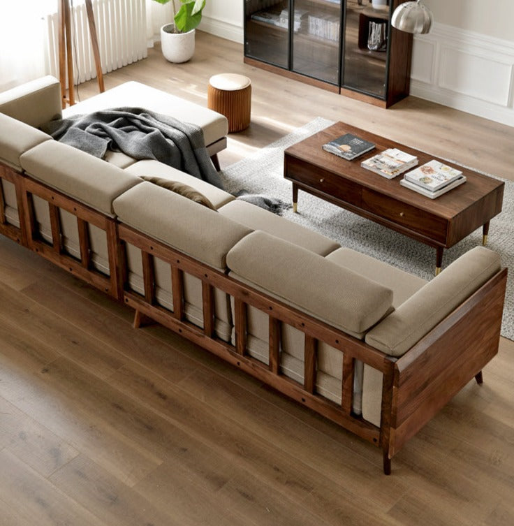 Premium Black Walnut & Ash Solid Wood Adjustable Headrest Sofa - Modern Living Room Furniture for Relaxation & Comfort