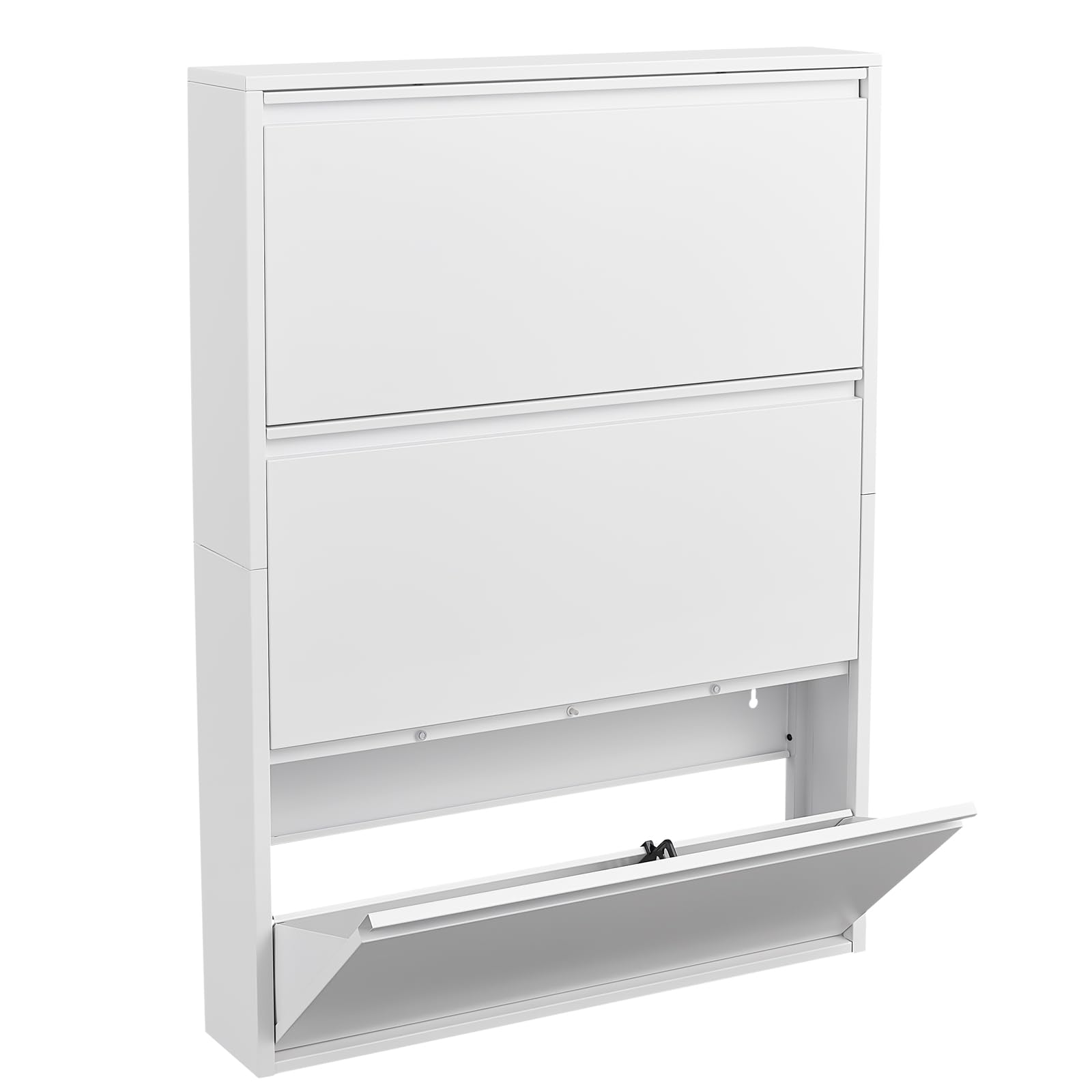 LucyPal 3-Tier Flip Drawers Shoe Storage Cabinet - Narrow Freestanding Shoe Organizer for Entryway, Hallway, Bedroom & Apartment - White Metal Shoe Rack (43