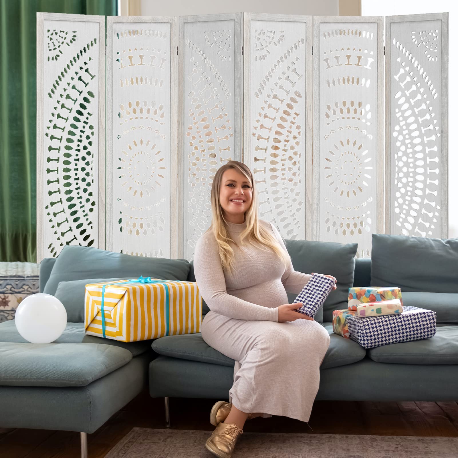 Babion 6 Panel Wooden Room Divider - 5.6 Ft Tall Folding Privacy Screen with Carved Design, White Home Office Partition for Bedroom, Living Room & Workspace (No Assembly Required, Double Hinged)