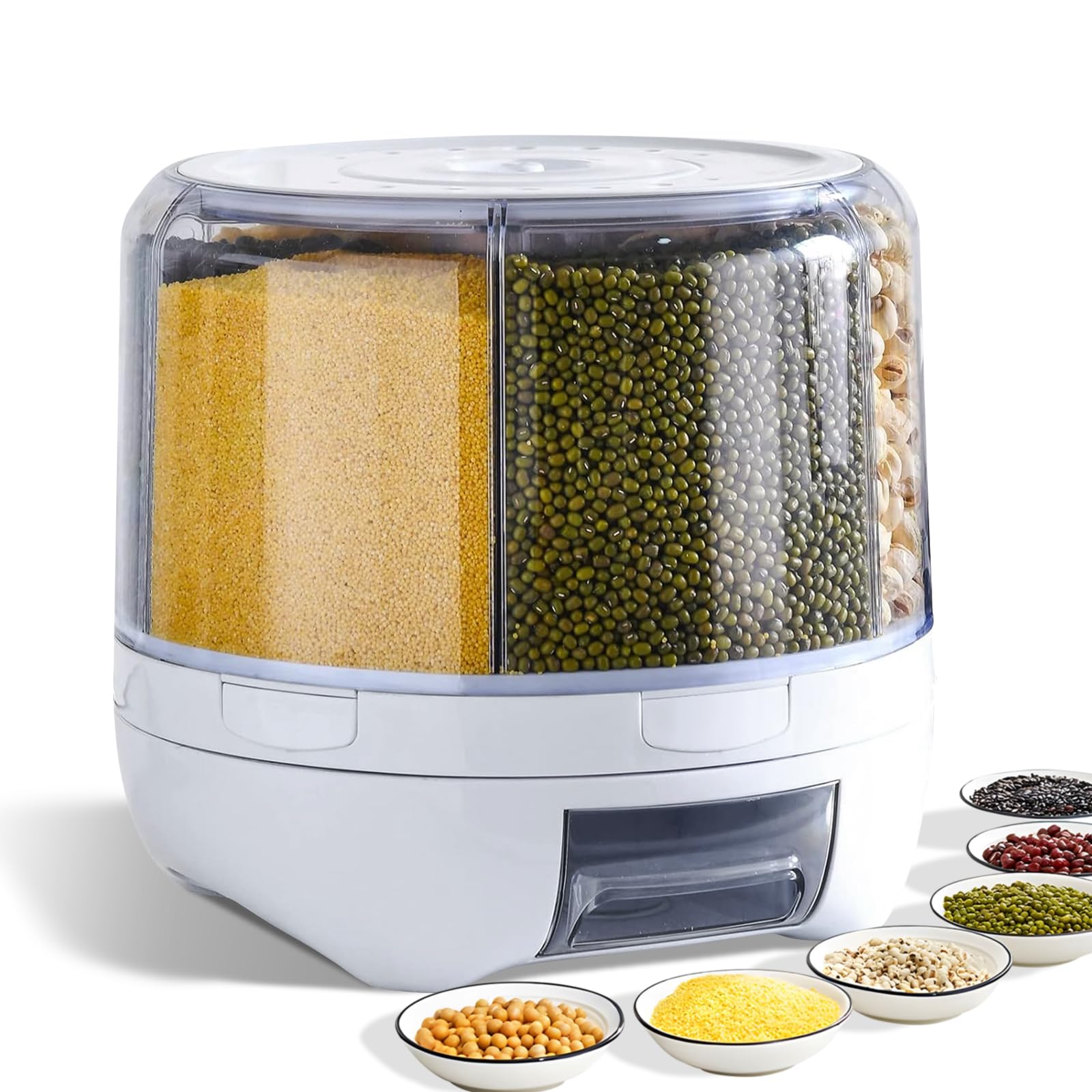 360° Rotating Grain Dispenser with 6 Grids & Sealed Lid - Food Storage Container for Rice, Beans, Peanuts, Barley - Perfect for Kitchen Pantry Organization & Bulk Food Dispensing