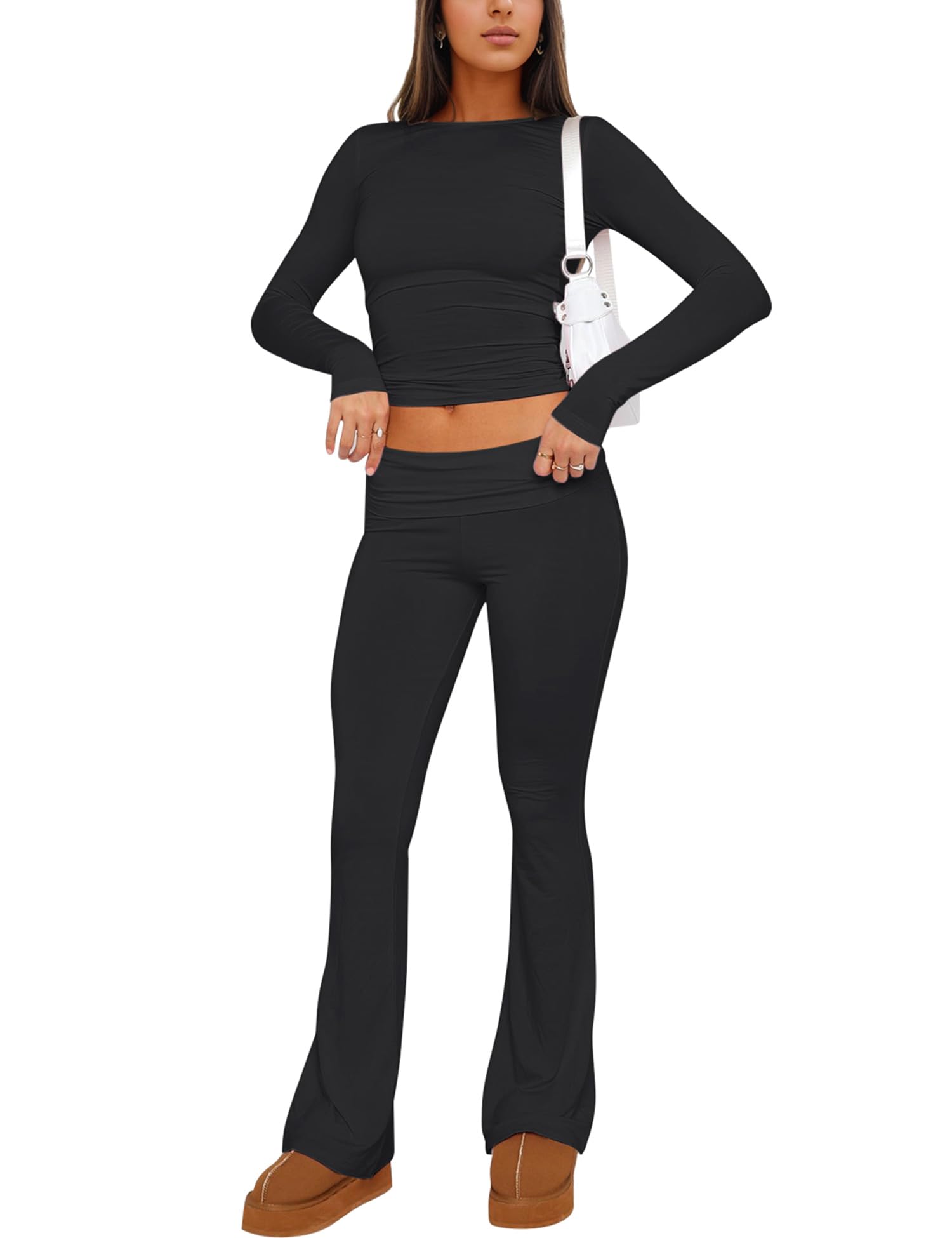 ZENWEI Women's 2-Piece Lounge Set - Long Sleeve Yoga Cropped Top & Fold-Over Flare Pants Matching Outfit | Comfortable Tracksuit for Yoga, Home, Travel & Relaxation
