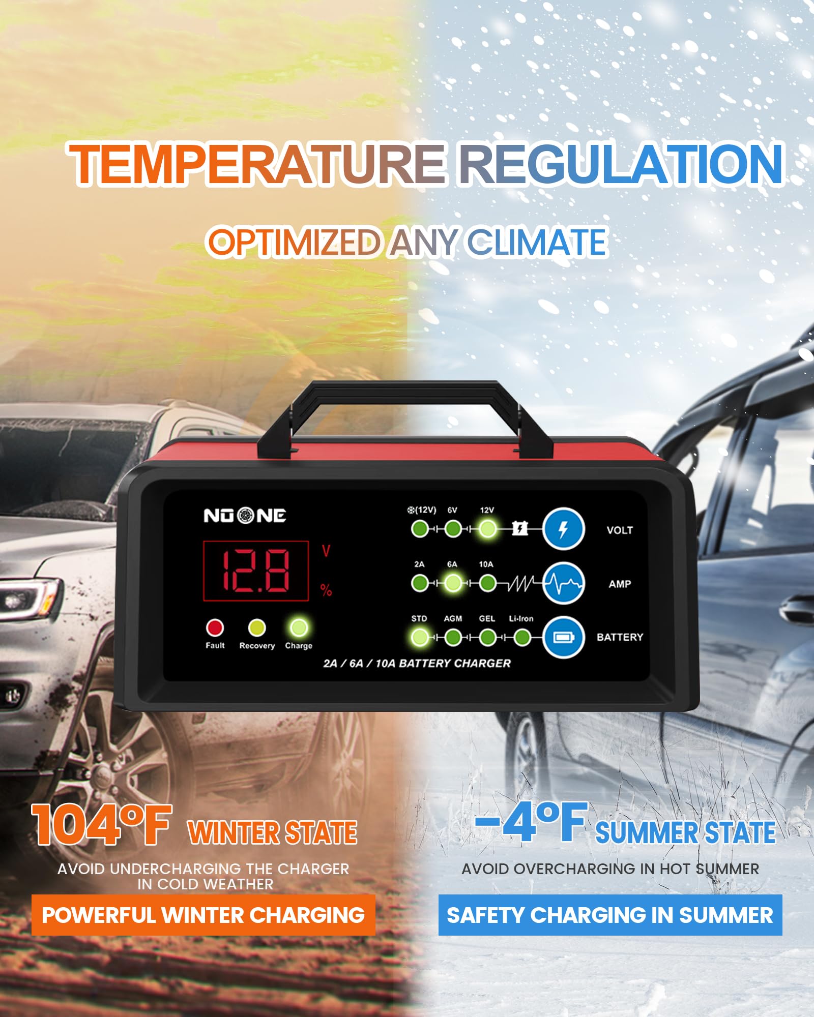NOONE 2/6/10A Smart Car Battery Charger & Maintainer - 6V/12V Fully Automatic Trickle Charger with Desulfation - Compatible with Cars, Motorcycles, Lawn Mowers, Boats & Marine Lead Acid Batteries - Perfect for Winter Storage & Long-Term Battery Maintenance
