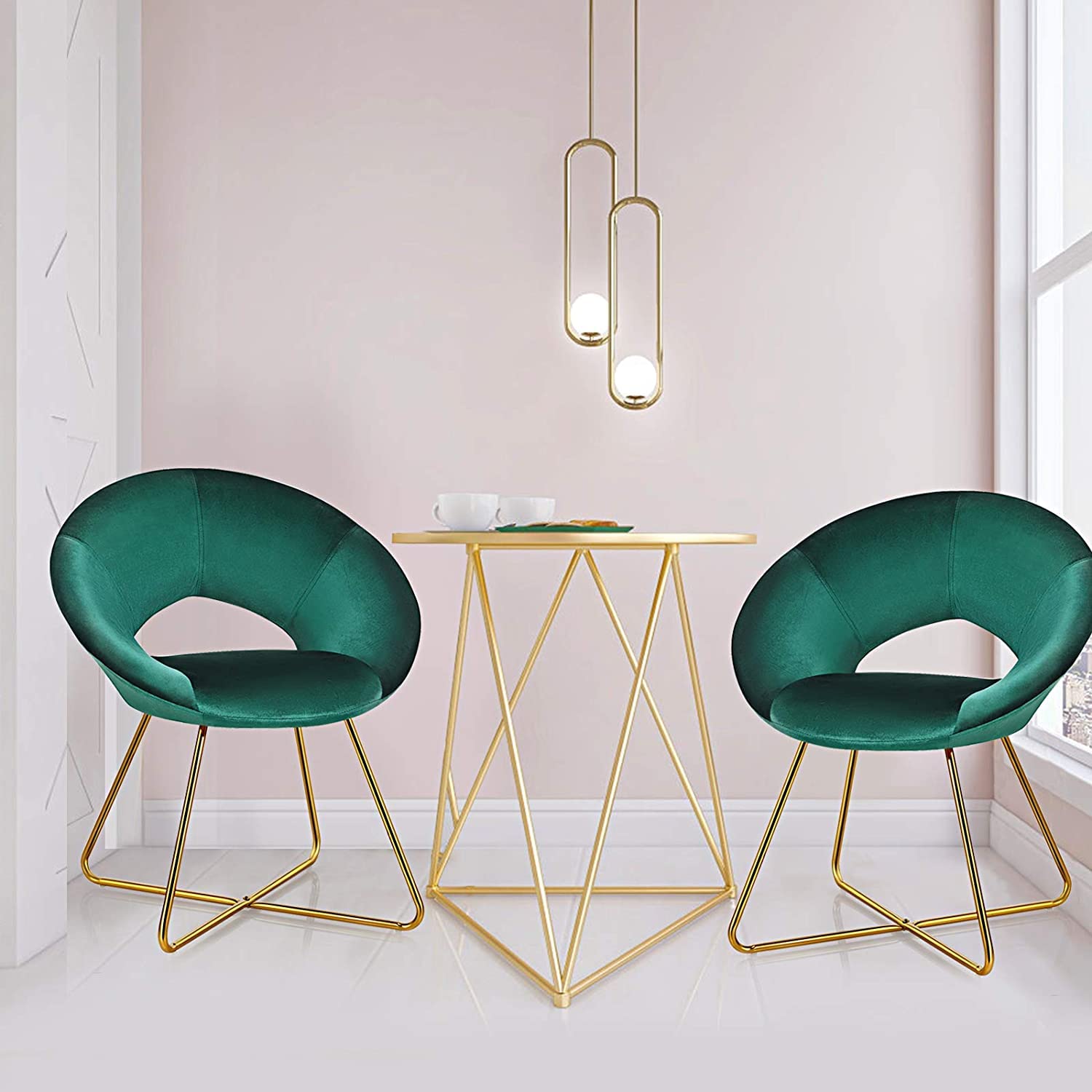 Mid-Century Velvet Accent Chair with Metal Legs - Green Upholstered Vanity Desk Chair for Living Room, Bedroom & Home Office - Golden Finished Modern Sofa Armchair (Set of 2) | Perfect for Reading Nooks, Lounge Areas & Stylish Workspaces