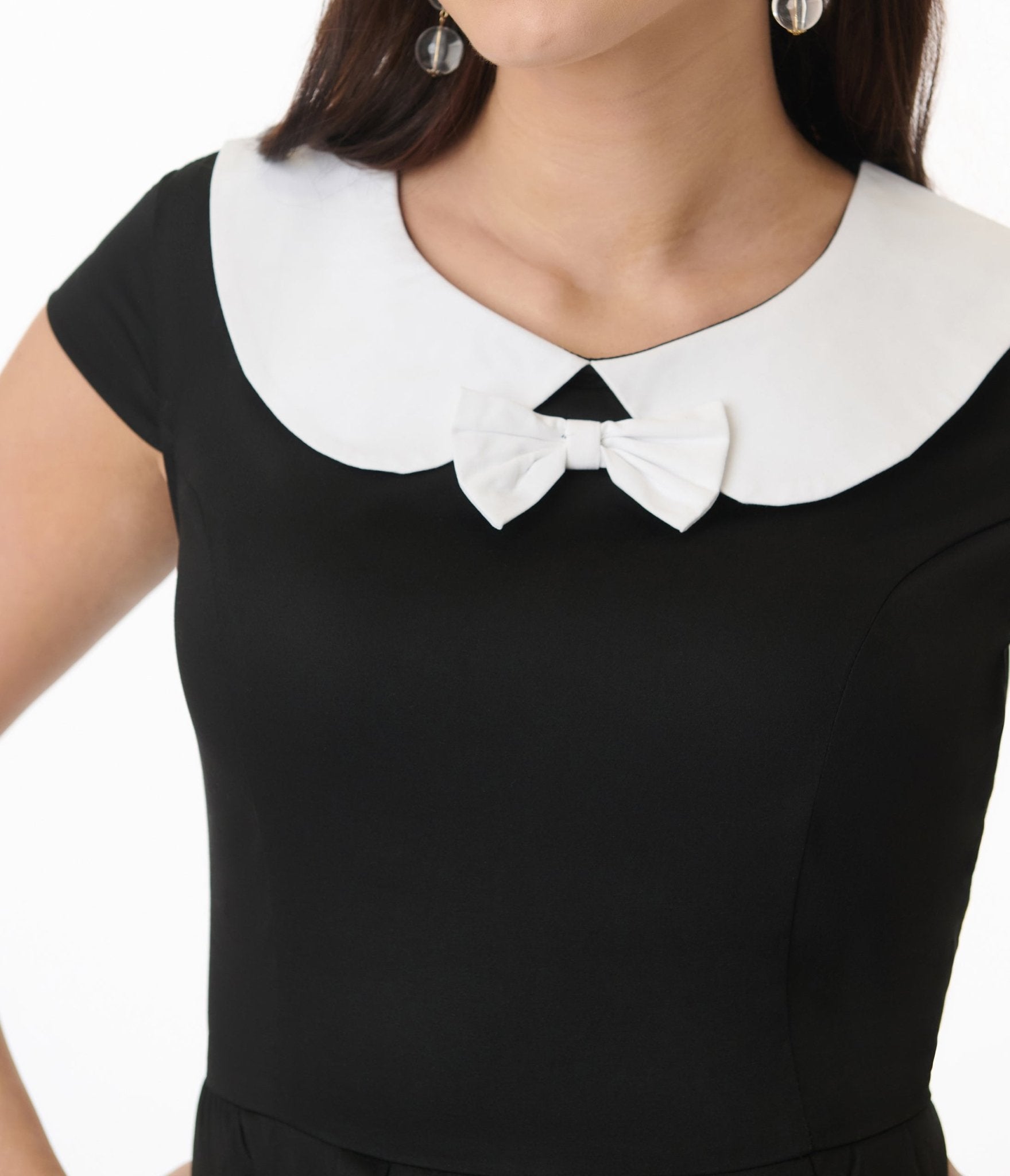 Elegant Black & White Bow Swing Dress for Women - Floral Orchid Print A-Line Dress for Party, Wedding & Special Occasions