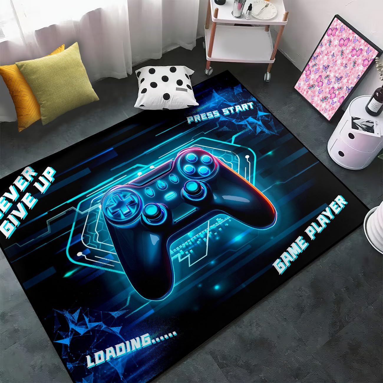 3D Gamepad Controller Area Rug - Blue Gamer Rug for Kids Room, Teen Bedroom & Living Room - Non-Slip Polyester Floor Mat (47