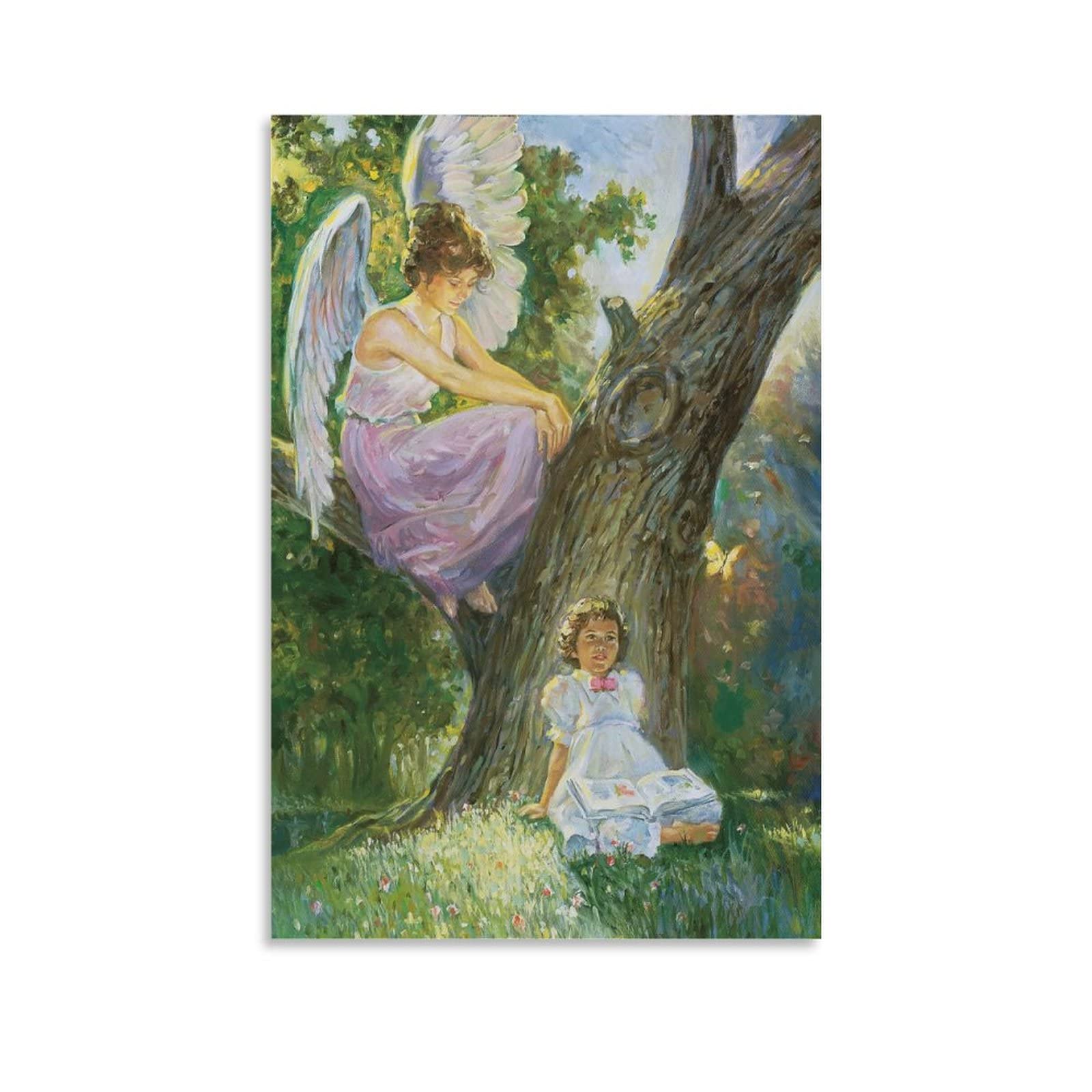 Guardian Angel Little Girl Under The Tree - AOMACA Oil Painting Poster, Retro Canvas Wall Art Print for Living Room, Bedroom & Nursery Decor