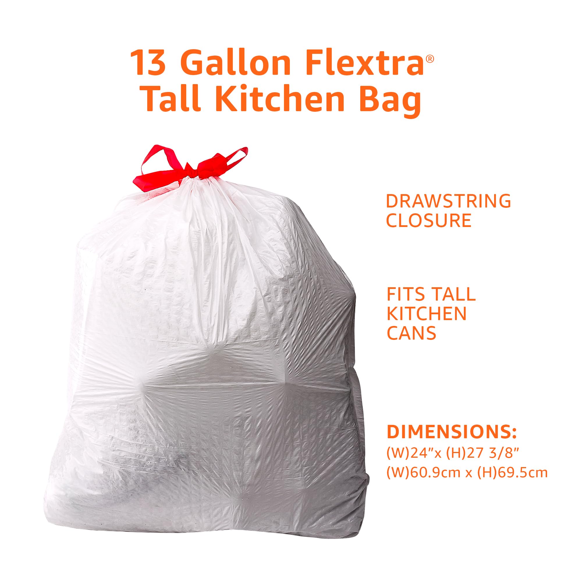 Amazon Basics Flextra Tall Kitchen Drawstring Trash Bags - 13 Gallon, 50 Count (Pack of 1) | 10% Recycled Content, Fresh Scent | Perfect for Kitchen, Office & Bathroom Waste Disposal