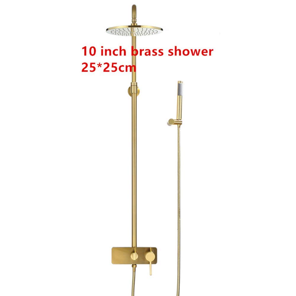 10 Inch Brushed Gold Rain Mixer Shower Combo Set - Wall Mounted Exposed Bathroom Shower Faucet with Brass Rainfall Shower Head, Handheld Shower & Tub Spout - Perfect for Modern Bathroom Renovation & Spa-Like Shower Experience