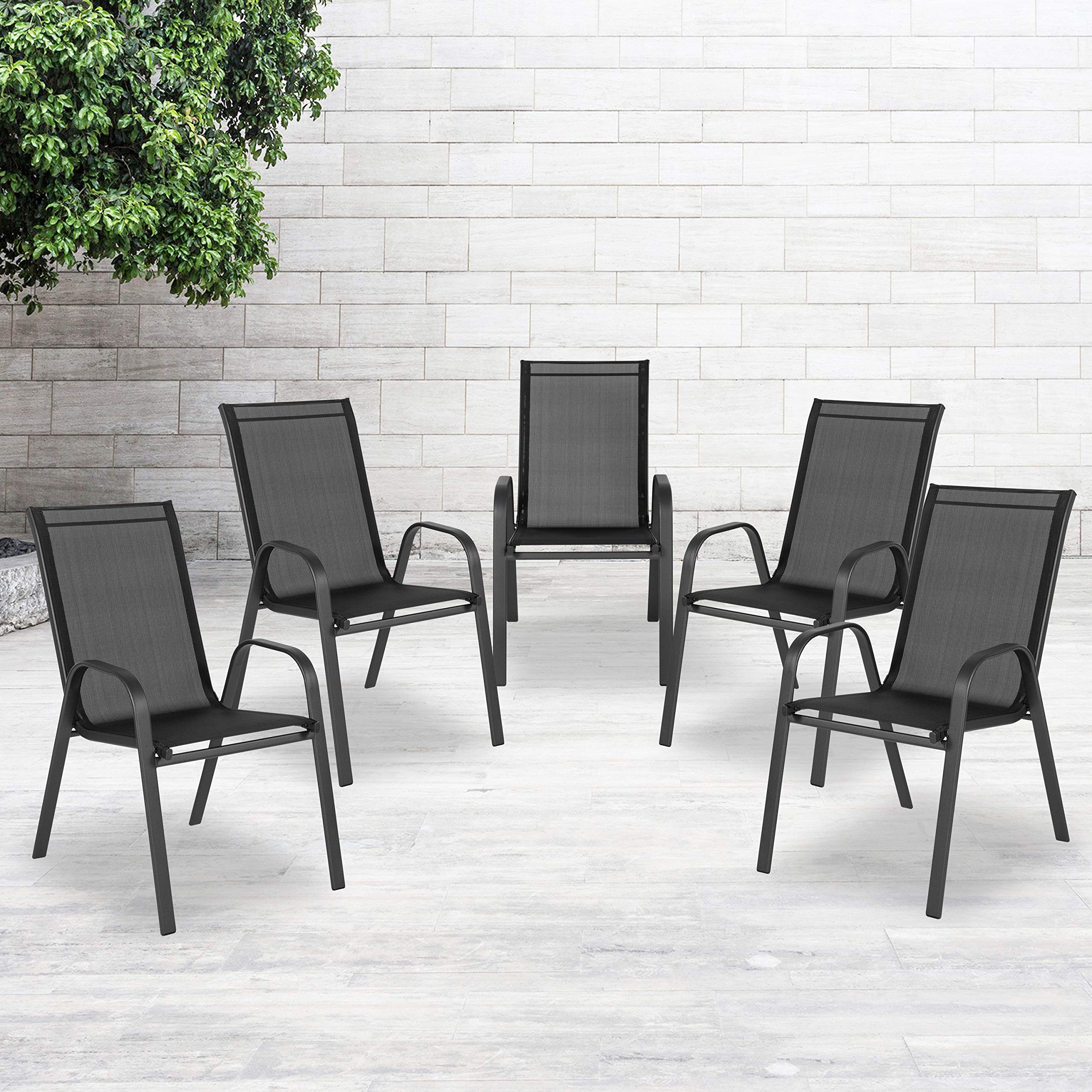 Flash Furniture Brazos Series Outdoor Stackable Patio Chairs with Flex Comfort Material - Set of 5 Black Modern Sling Chairs for Backyard, Poolside & Garden Relaxation