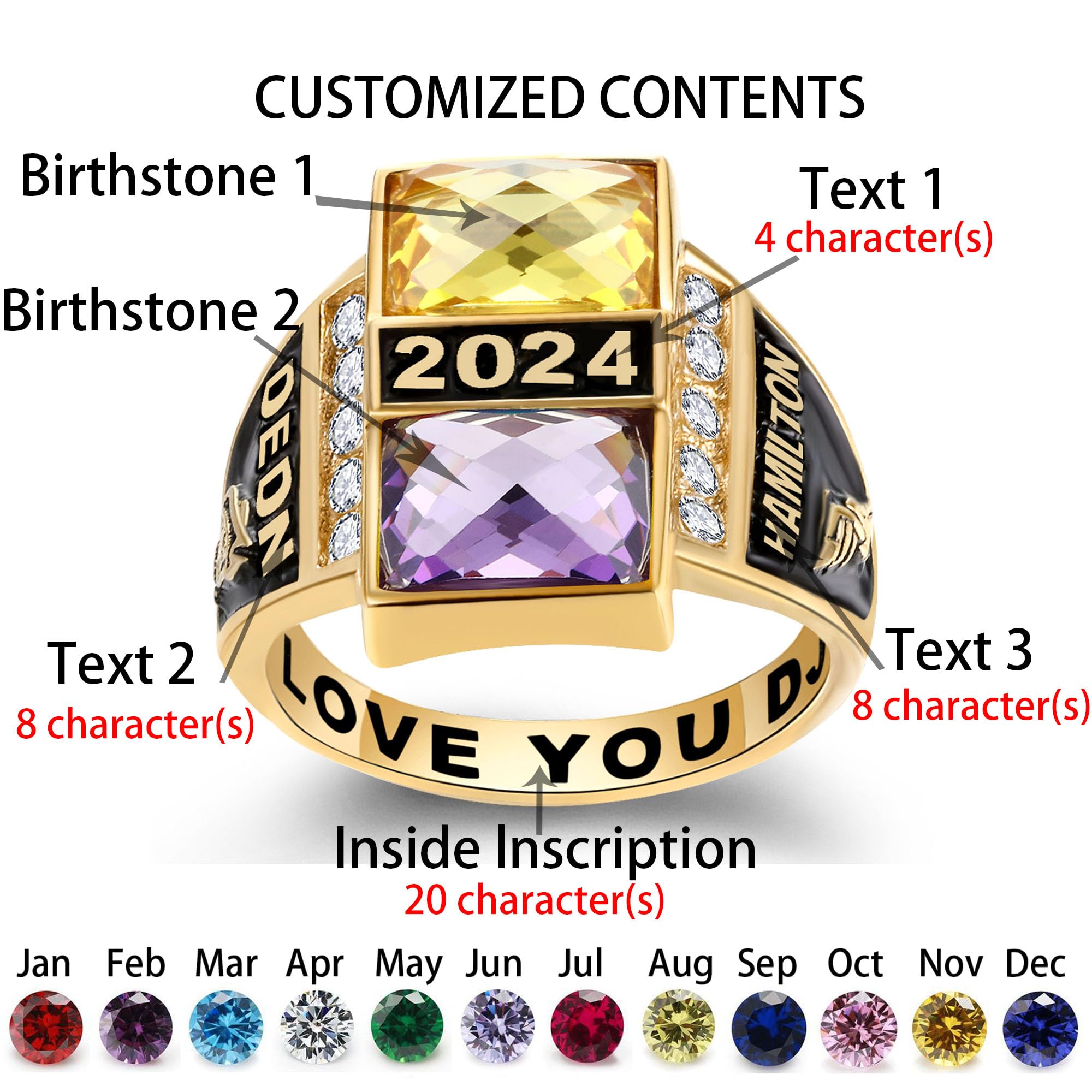 Custom Personalized Class Rings for Men - 925 Sterling Silver with Two Birthstones, Gold Plated High School Rings (Size 5-15) | Perfect for Graduation Gifts, Alumni Reunions & Special Occasions